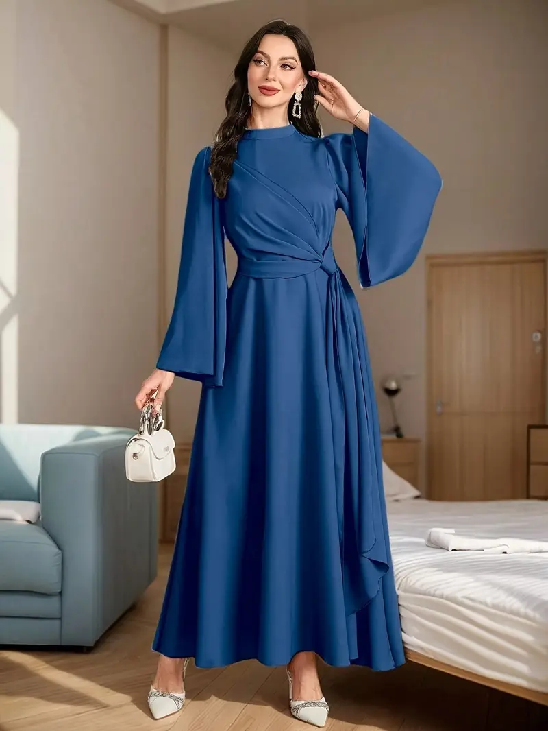 Muslin Ramadan Women's Evening Dress with Flared Sleeves, Stand Collar, Side Embellishments and Long Sleeves Arabic Gown Muslin Ramadan Women's Evening Dress with Flared Sleeves, Stand Collar, Side Embellishments and Long Sleeves Arabic Gown