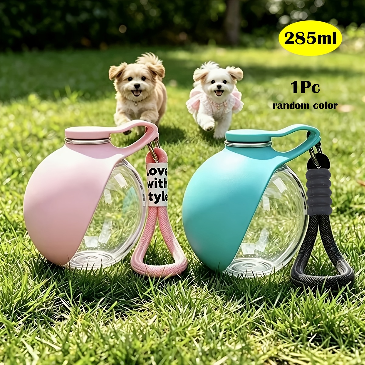 TEMU 1pc Portable Hanging Spherical Refillable Foldable Dog Water Bottle For , 285ml, Random Style And Color