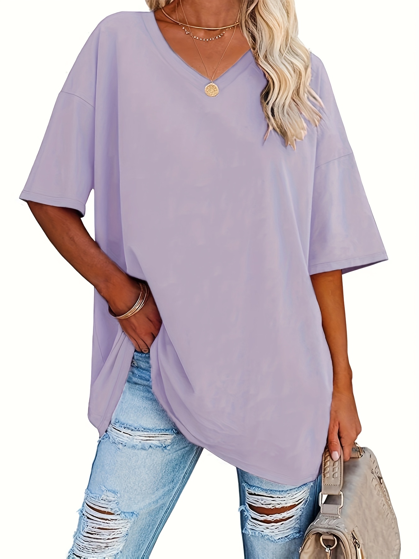 Women's Loose-Fit V-Neck Half-Sleeve Blouse - Soft Stretch, Solid Color, Spring/Summer Casual & Formal Wear, Elegant & Breathable, Transitional Weather Clothing, Middle Eastern Style, Comfortable Fit, Stretchy Fabric Top