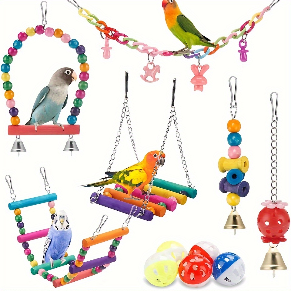 

11pcs/set Bird Toys, Random Color Parrot Chewing Toys Set, Bird Chewing Toy Including Bird Swing, Perch, Stand, Bell, Hanging , Bird Cage Toy Suitable For Parakeet