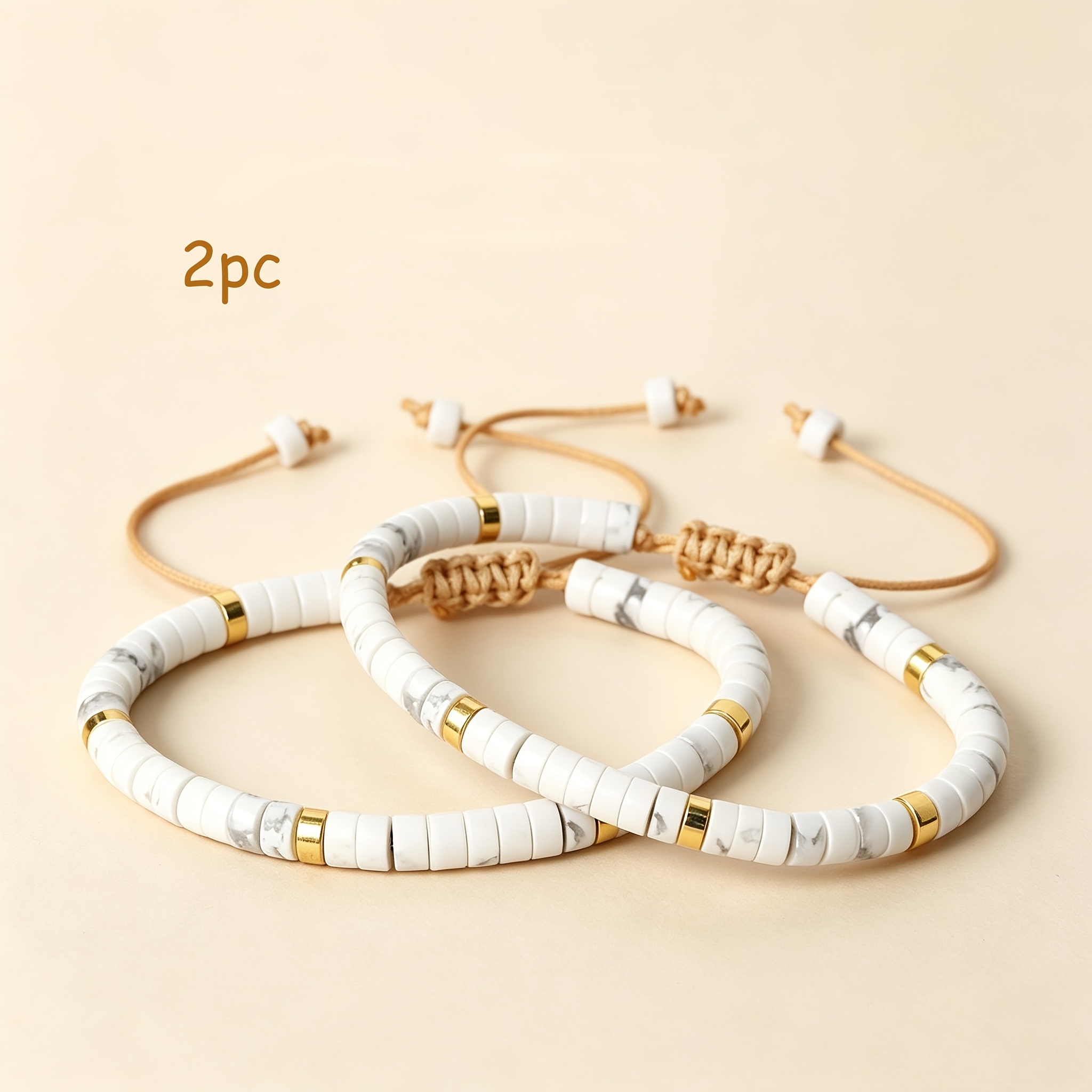TEMU Natural Stone 2pcs Minimalist Neutral Tone White Turquoise Natural Stone Bracelet Set, Gold-tone Spacers Hand Braided Adjustable, Chic Stackable