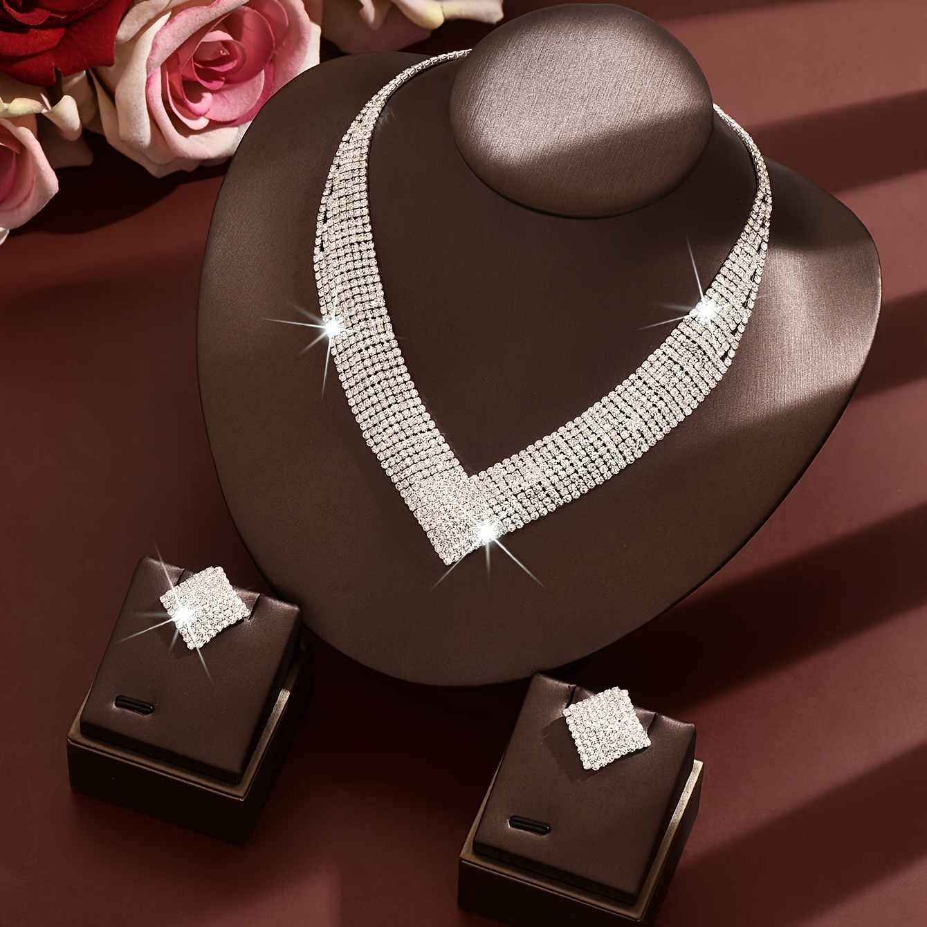 Women's French Elegant Rhinestone Necklace & Earrings Set