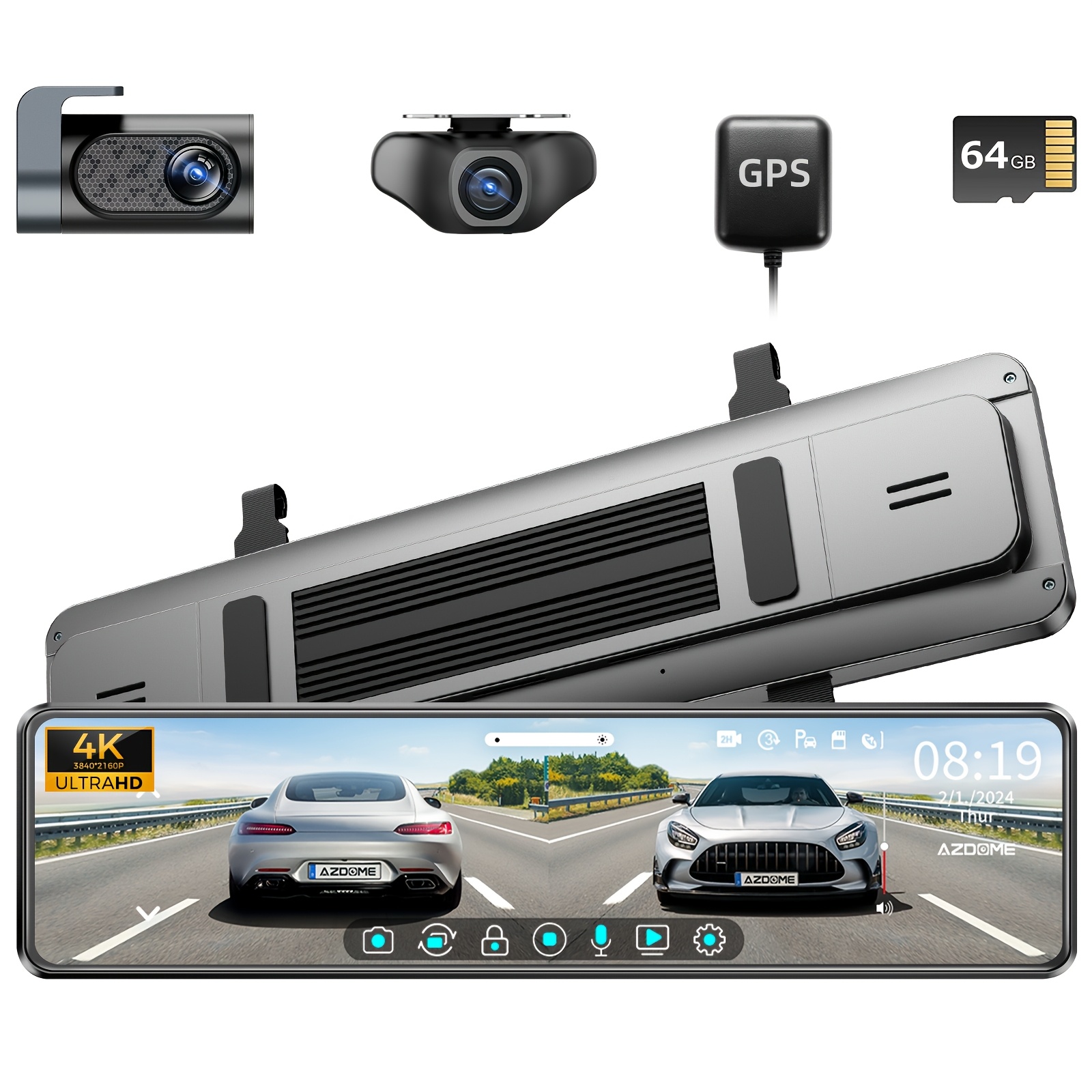 

Pg19x Front And Rear Dash Cam With 12" Ips Touchscreen, Free 64gb Card, Built-in Wifi & Gps, 170° Wide Angle, , Loop Recording, , Type