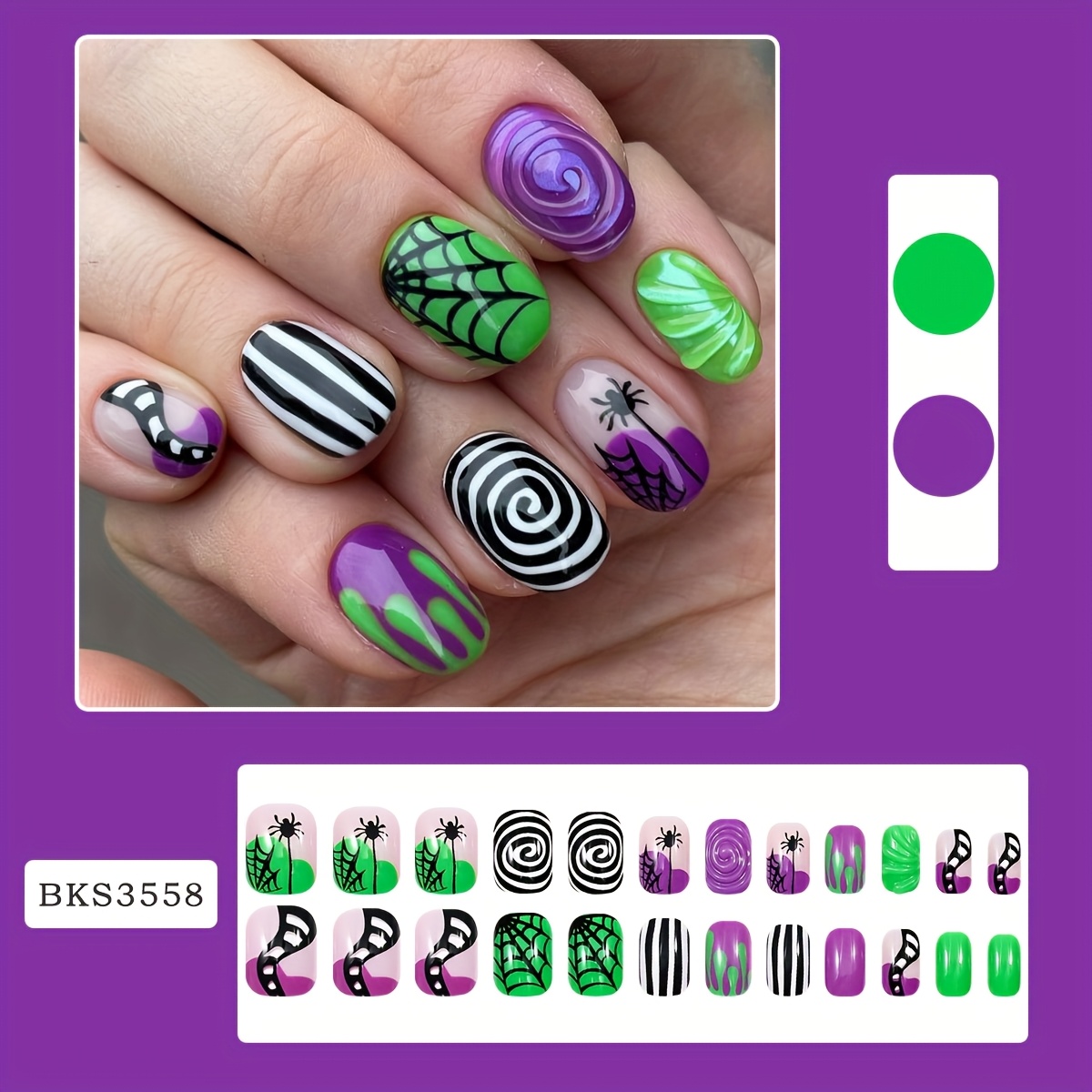 24pcs Cute Nail Supplies Art 3d Gel Web Stripes Halloween Press On Nails Short