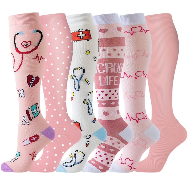 TEMU 6 Pairs Of Pink Cute Cartoon Pattern Compression Socks For Men And Women Soft And Comfortable Elastic Home Socks Suitable For Indoor Work And