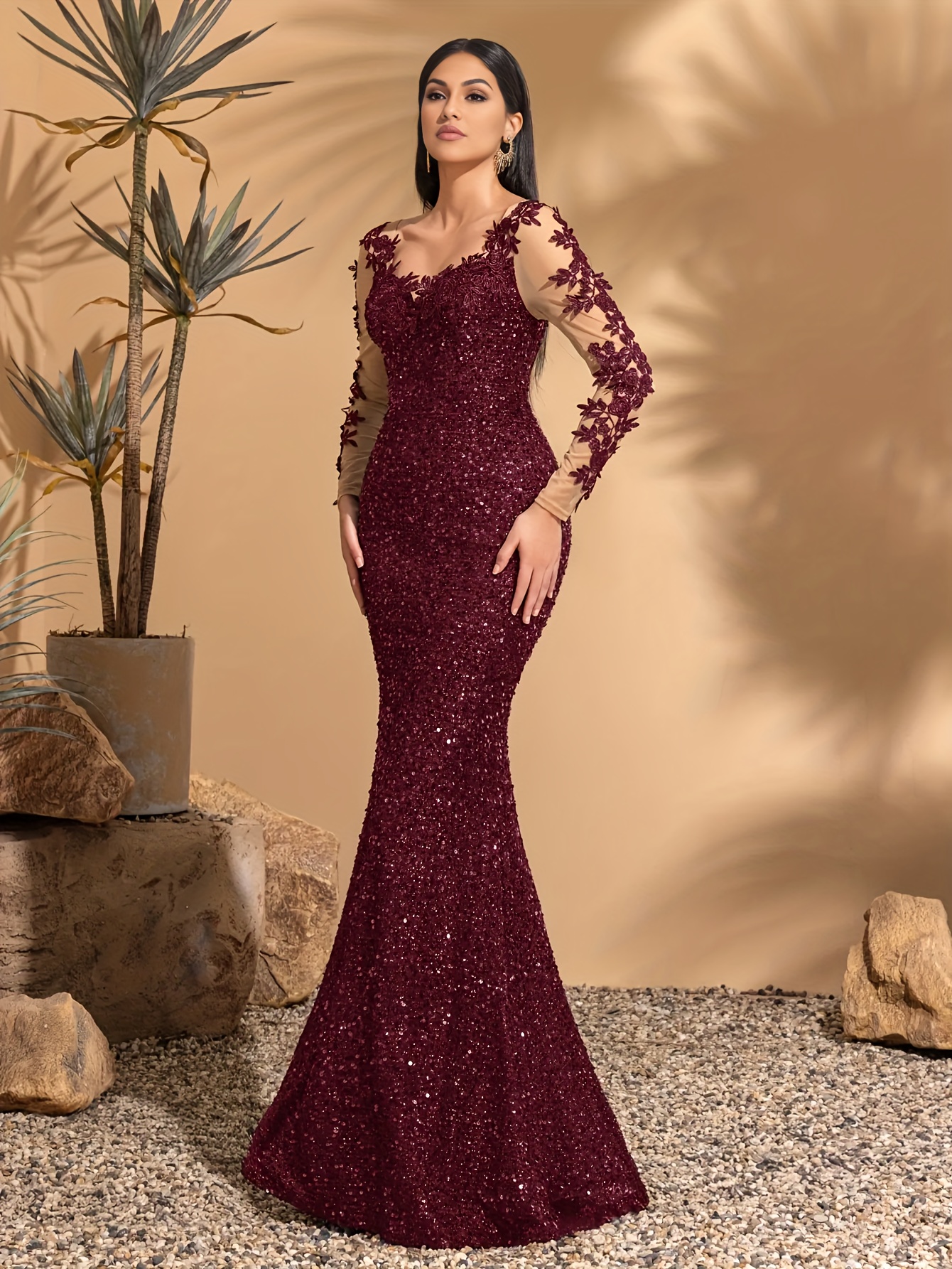 womens elegant v neck sleeve mermaid evening gown floral Temu