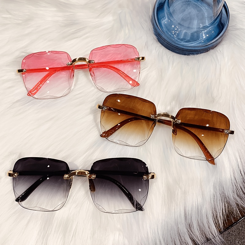 Trend Sunglasses Metal Frameless Outdoor Sunglasses Metal Hinge Quality Glasses Men's And Women's Cut Edge Sunglasses Women's Big Face Slimming Sunglasses Square Sunshades, Sent 3 Colors