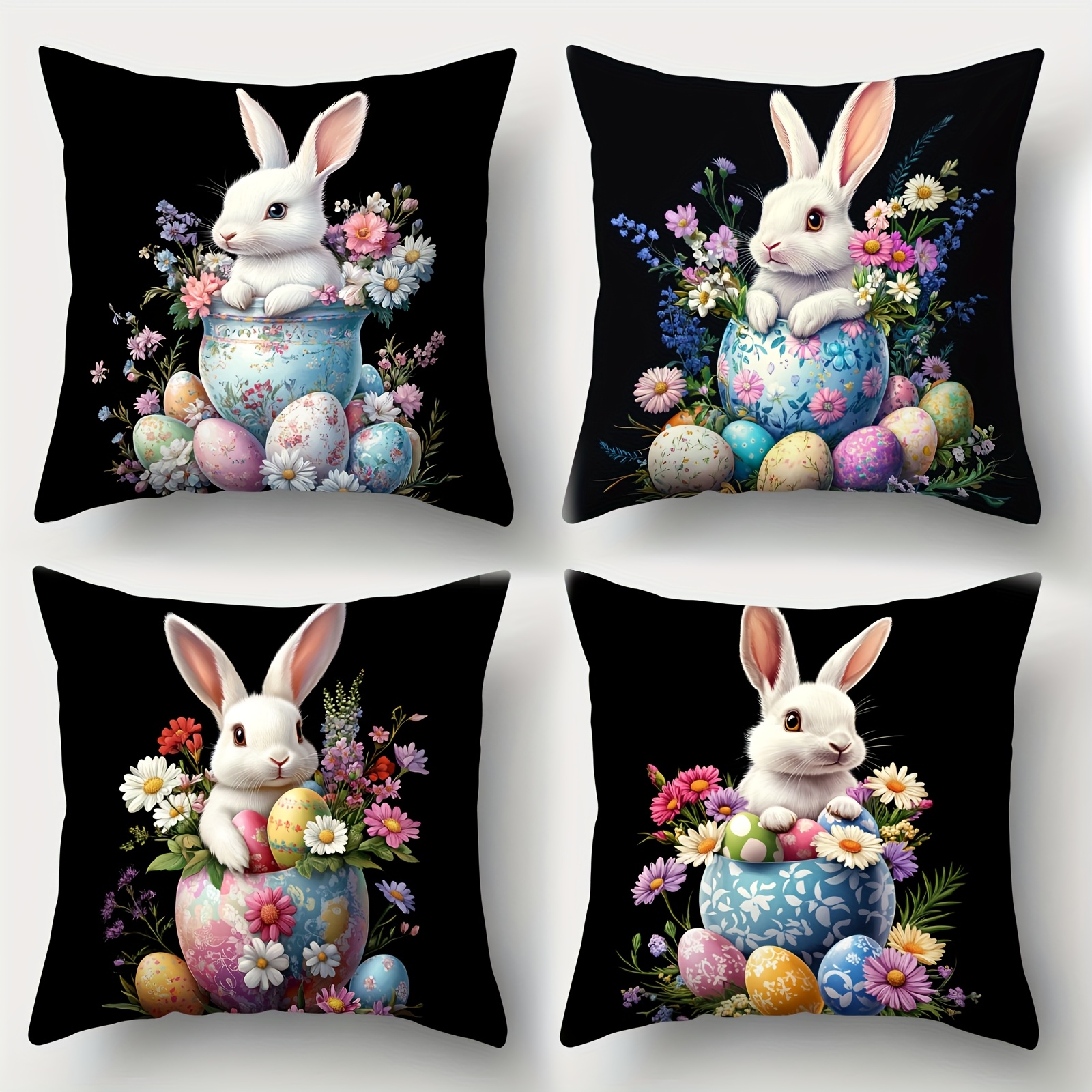 

Easter Celebration 4pcs Throw Pillow Covers Set - Bunny & Egg Designs, Soft Polyester, Zip Closure - Sofa, Bed, Office Decor - Hand Wash Only (no Insert), Contemporary Style