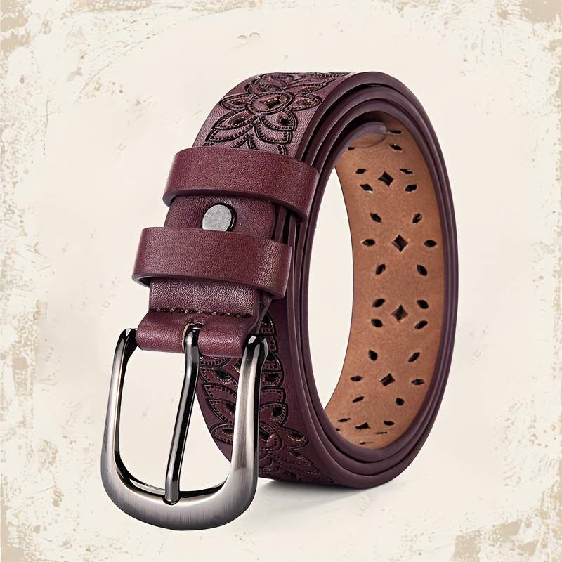 TEMU 1pc Women's Adjustable Vintage Belt With Embroidered Buckle, Fits Jeans, Versatile For Formal Or Casual Wear, Durable Belt For Weddings, Parties