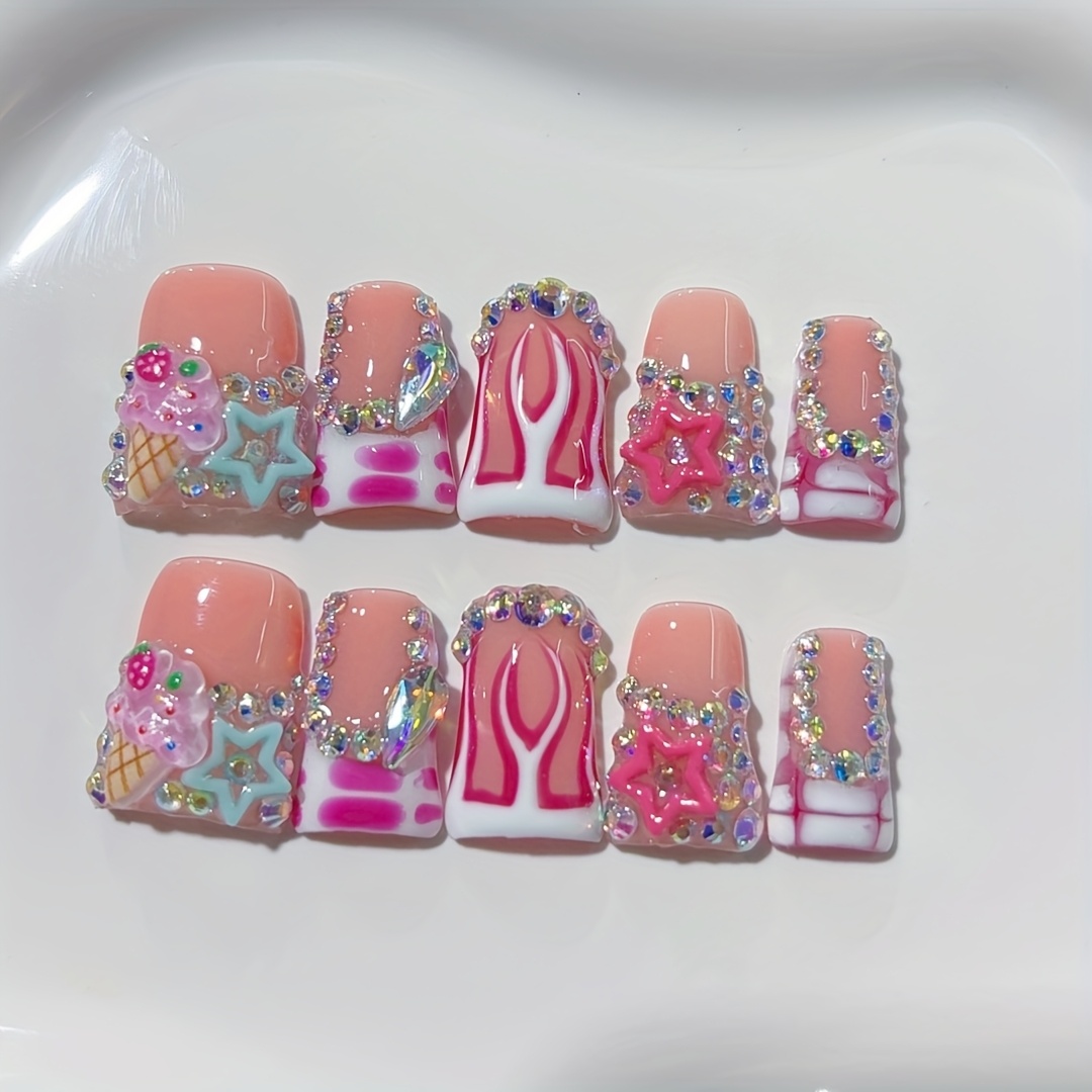 TEMU Ensemble de 10 faux ongles Y2K à bec de canard main, ornés de de flammes, d' colorées et de décorations de crème glacée en diamant ; ongles