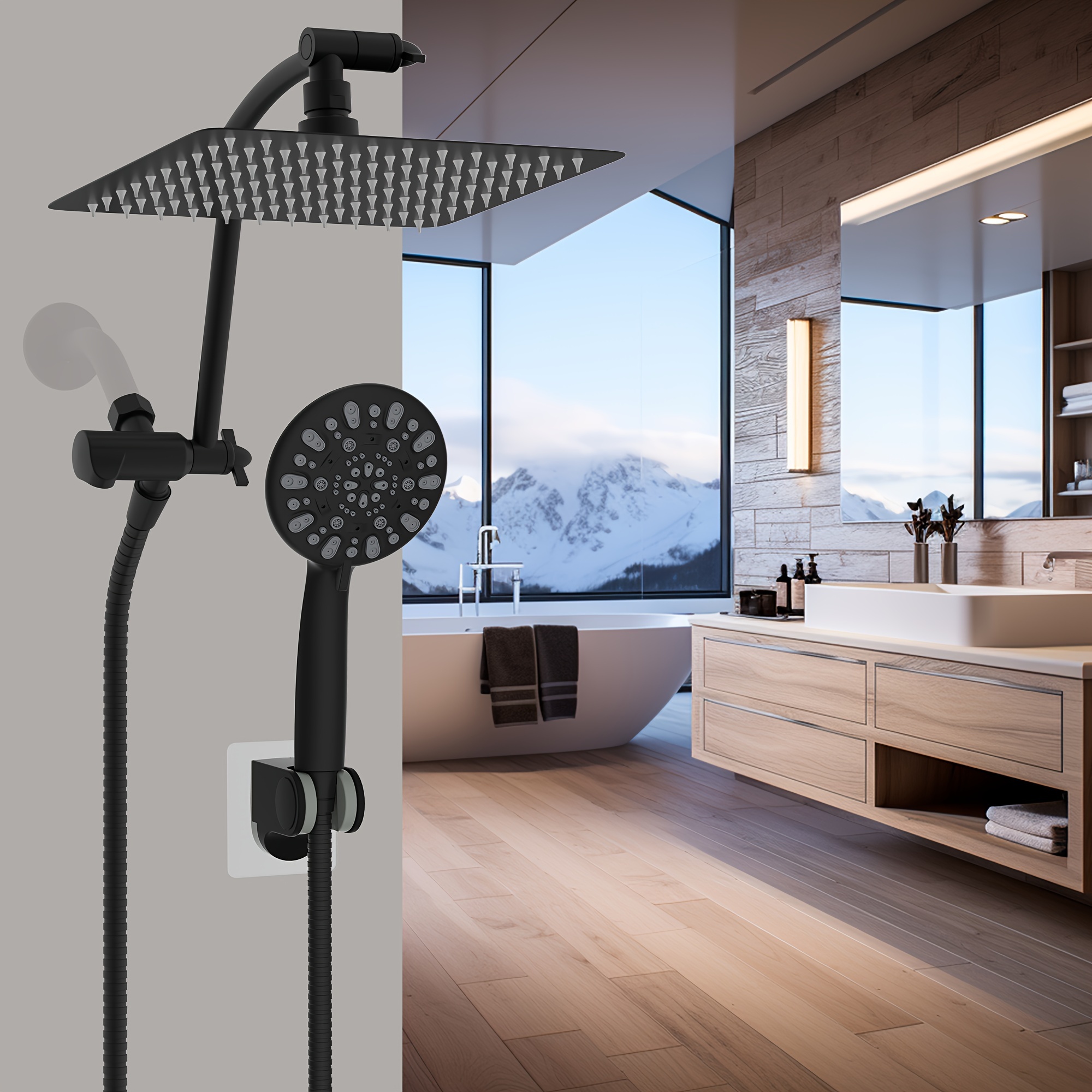 Système Douche Noir Mat Avec Pommeau Pluie 8 Pouces Et Douchette - Haute Pression