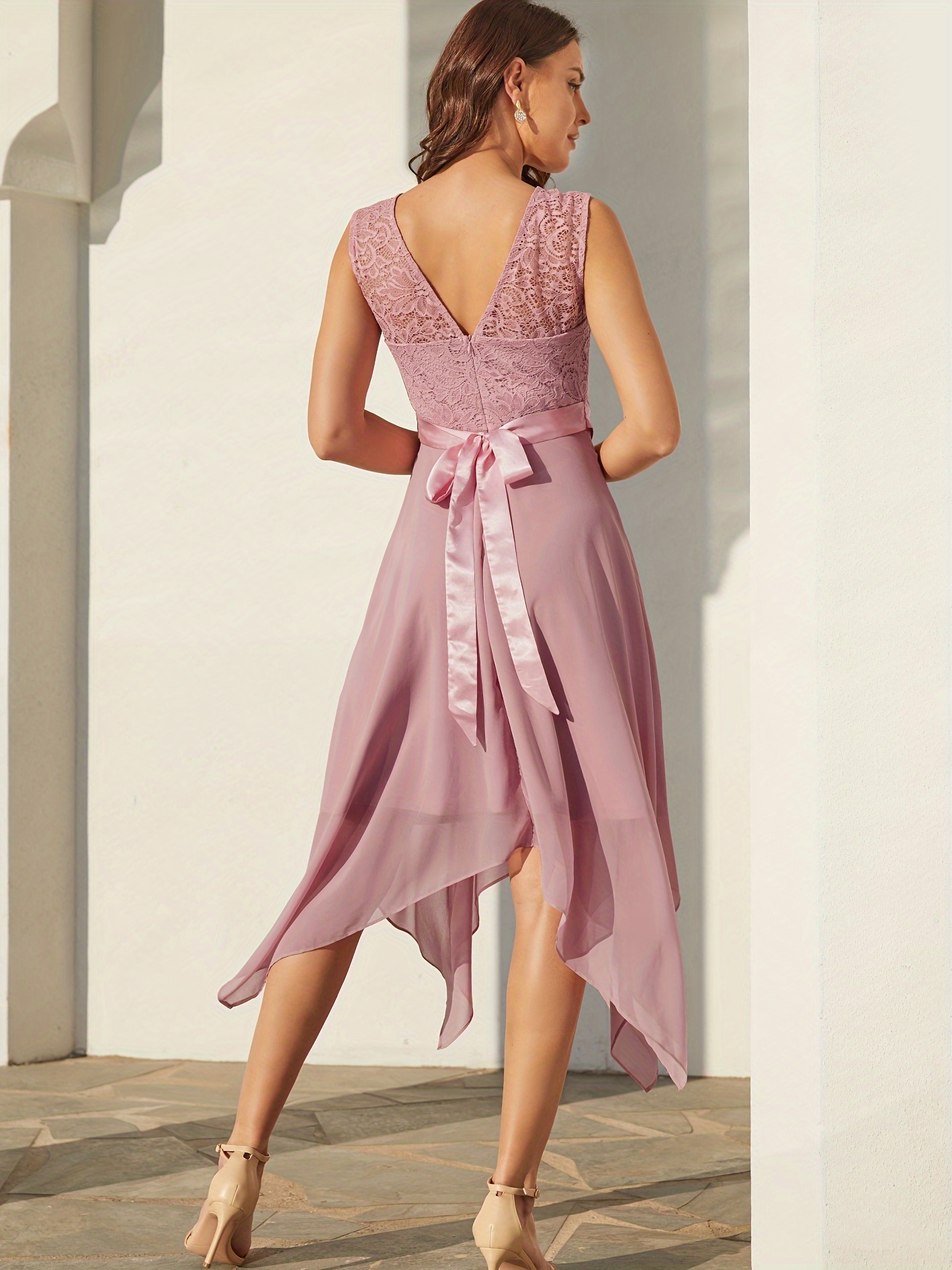 lace contrast lace asymmetrical hem dress elegant crew neck
