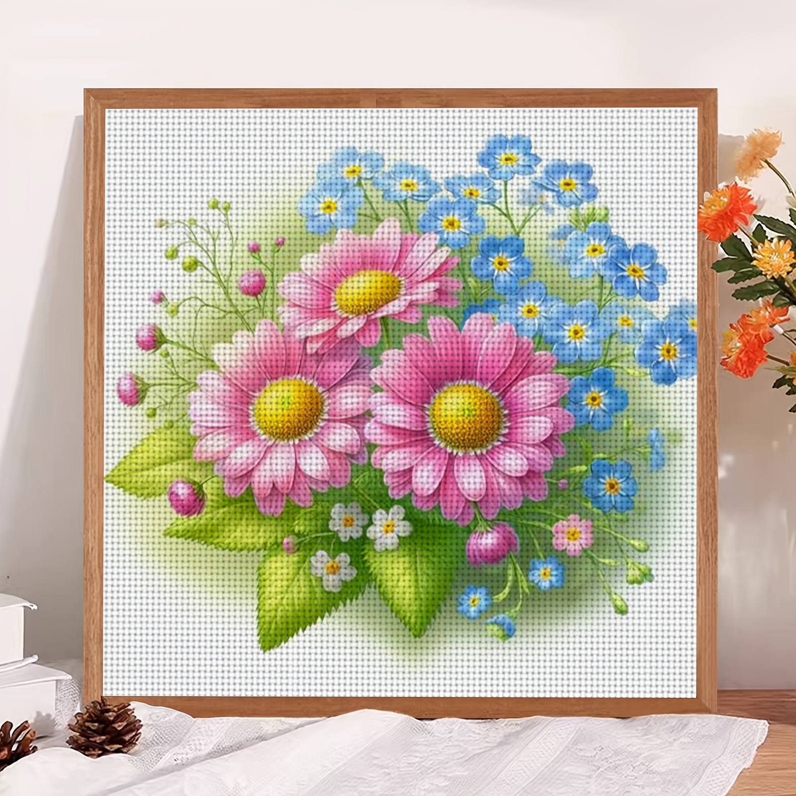 Cross Stitch Kit, Pink and Blue Floral Bouquet Pattern, Ideal for Beginners