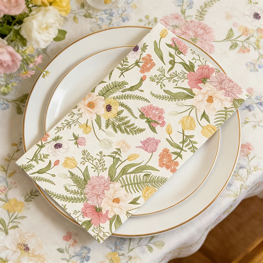 E-shop 20 Stück Vintage-Party-Servietten mit Blumenmuster, mit Motiven von rosa Pfingstrosen, silbernen Lilien, Tulpen Mohnblumen, für Frühlingspartys,
