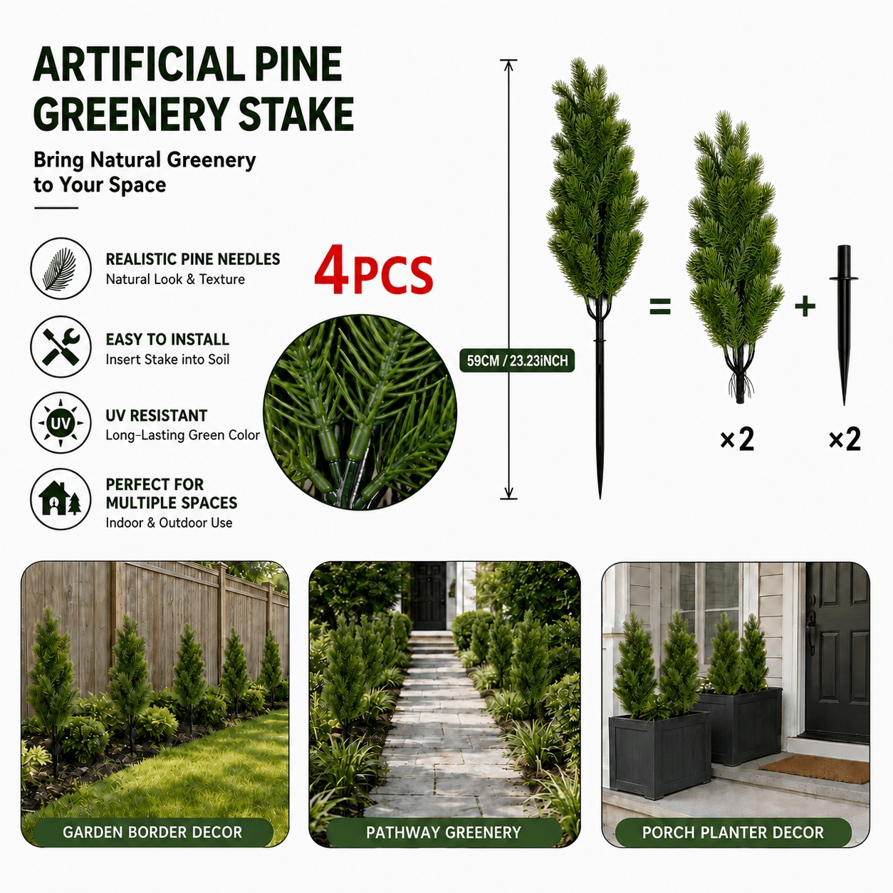 TEMU 4pcs - Artificial Realistic Oversized Christmas Pine Trees With Ground Pegs, Artificial Greenery | Fake Trees | Maintenance-free, For Cleaning,