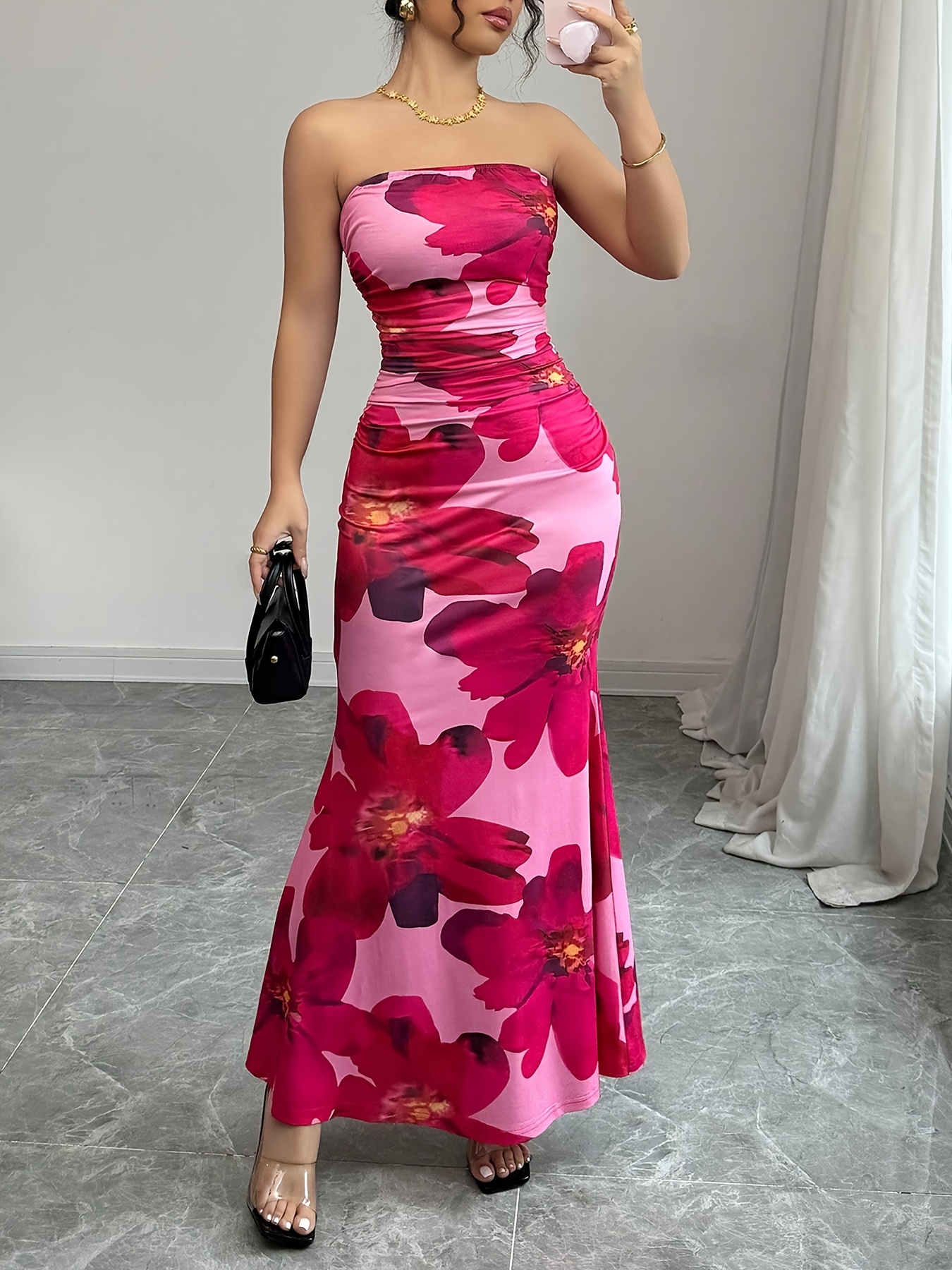 vestido elegante sin tirantes mujer estampado floral rosa Temu