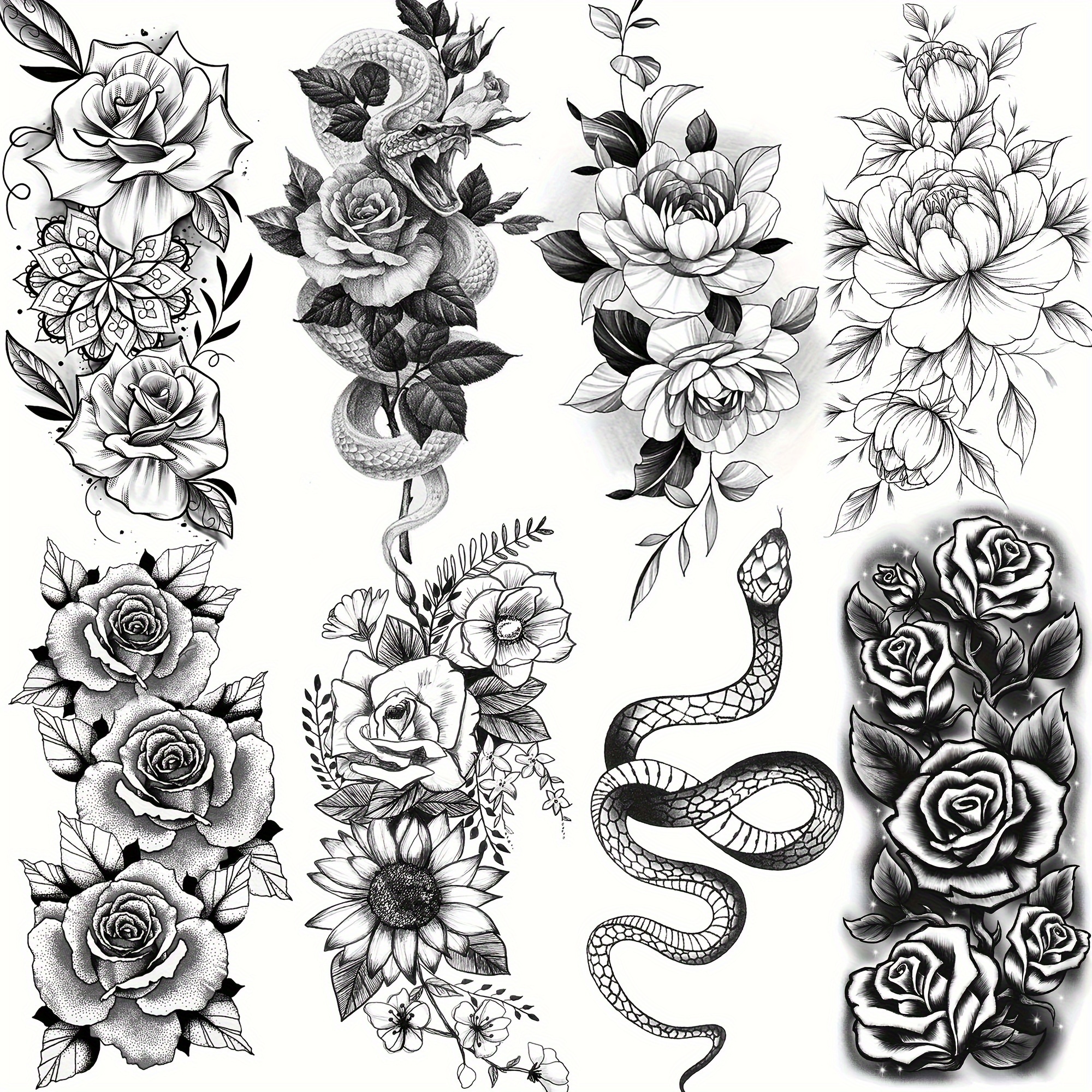 

8-piece Realistic Peony & Rose Temporary Tattoos - Waterproof Body Art Stickers For Arms, Legs | Ideal For Men, Women & Teens