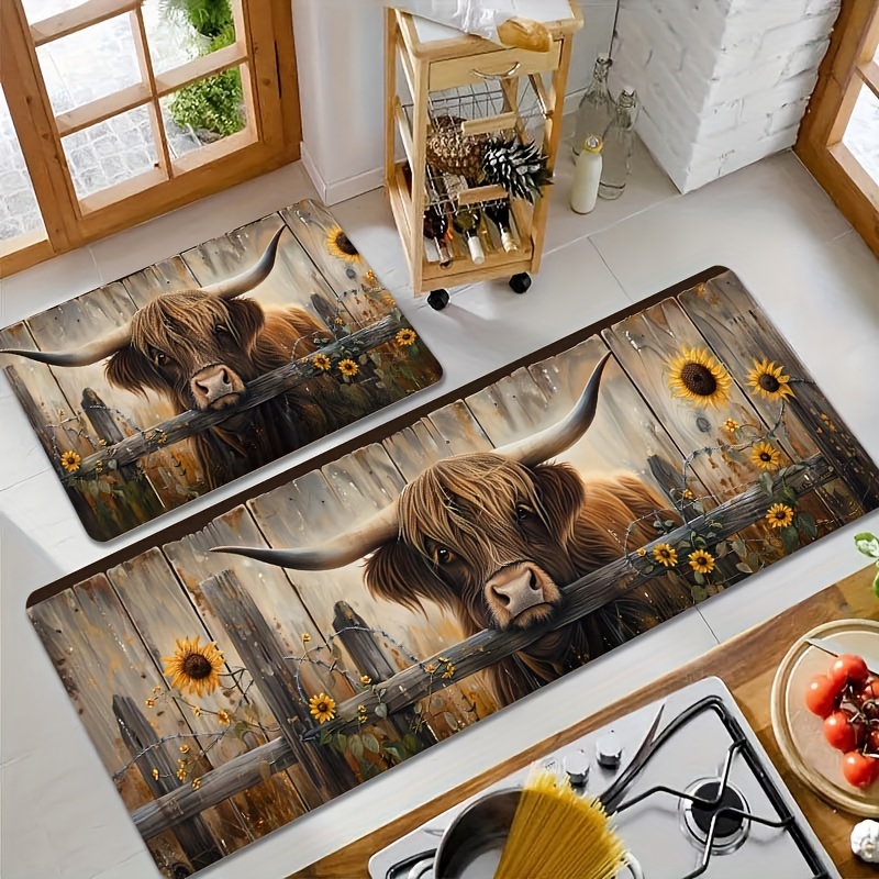 highland cow sunflower kitchen rugs set washable rectangle polyester mats with pvc backing for laundry room bathroom   room bedroom non slip easy   decor floor mats