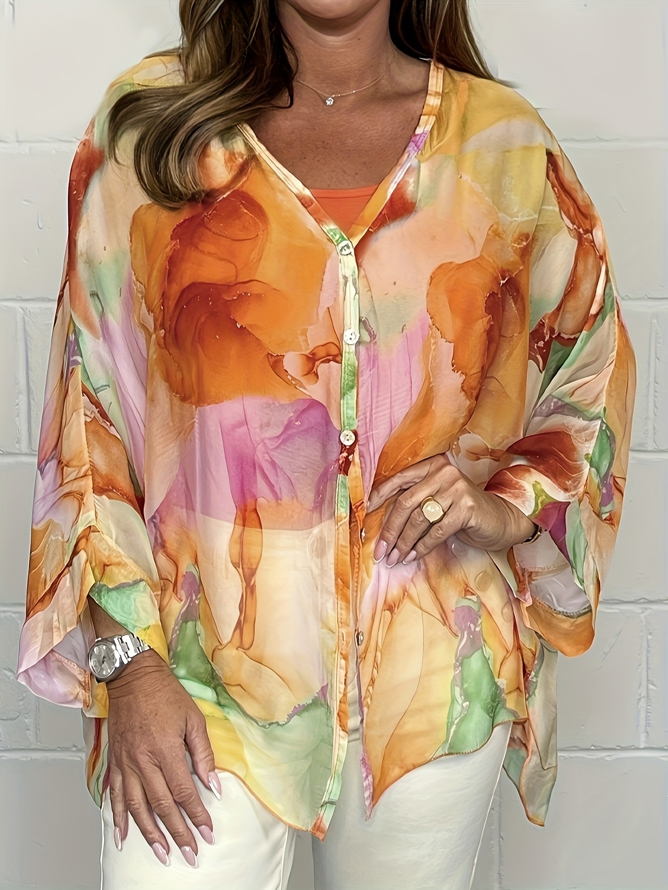Women'S Floral Chiffon Blouse (Unlined) French V-Neck Draped Summer Top,  Lightweight Boho Chic Shirt For Resorts Casual Wear, Sheer Overlay Blouse
