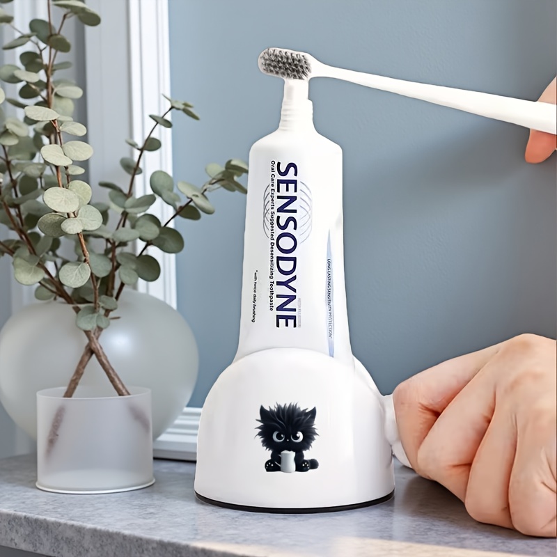 Image of 1pc Manual Toothpaste Dispenser - , Easy-to-use Squeezer, Cute Teacup Black Cat Pattern Print, Suitable For Bathroom Organization, Perfect For Toothpaste And Hair Dye, For Home And Salon Use