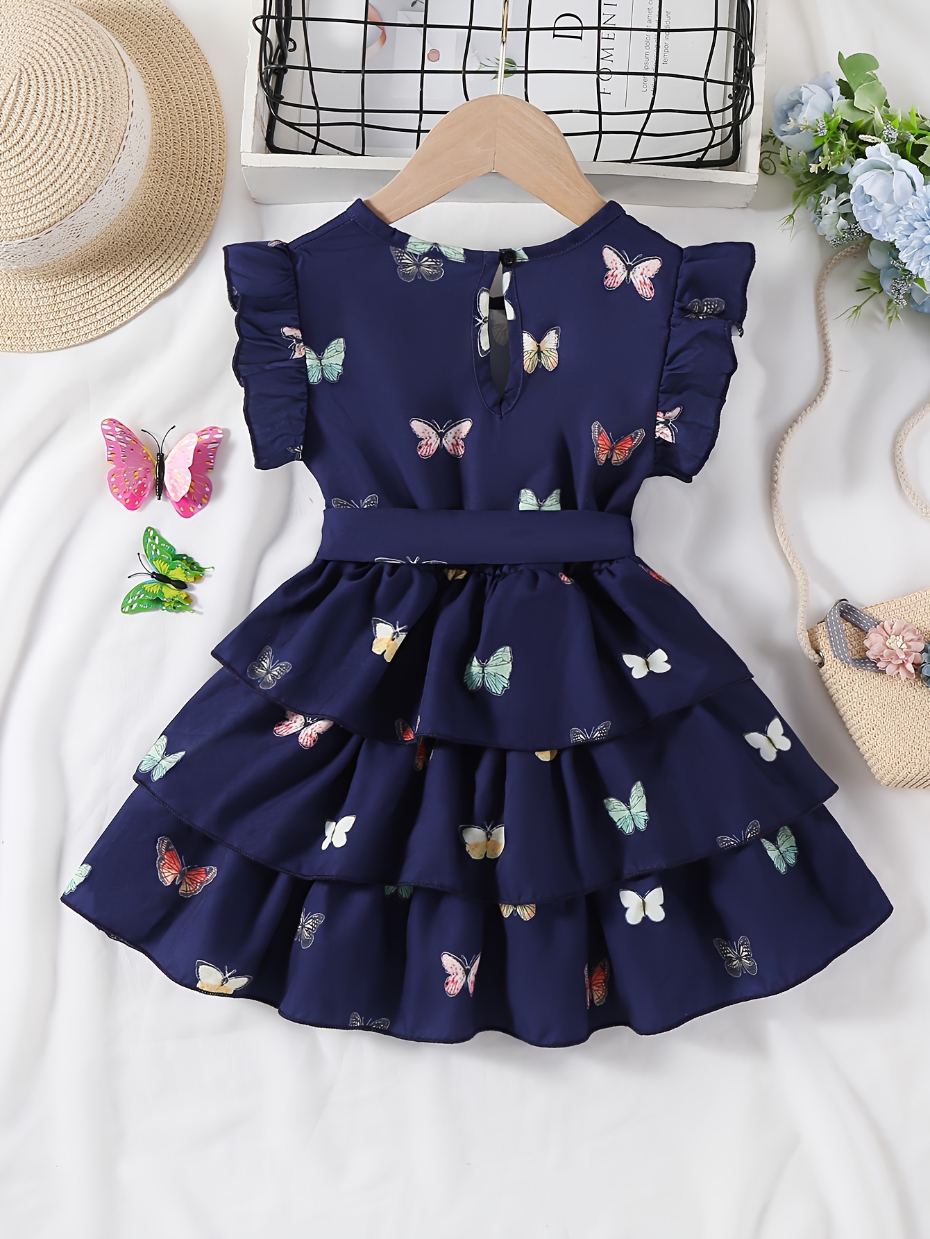 Waddling Girl Elegant Butterfly Pattern Print Tiered Skirt with Three-Layer Hem Suitable for Summer