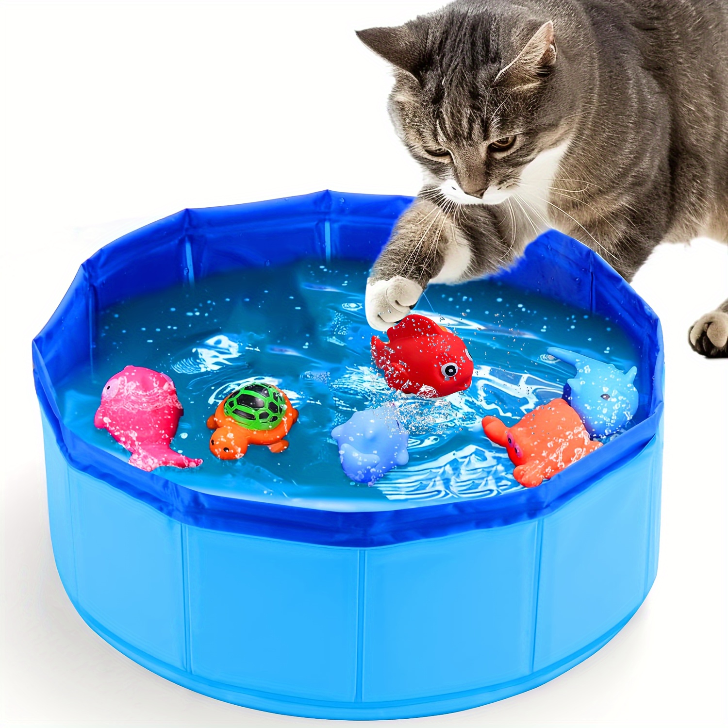 

Interactive Cat Splash Pool With Floating Fish Toys - Pvc Collapsible Water Play Basin For Indoor Cats, Portable Tub Without Battery