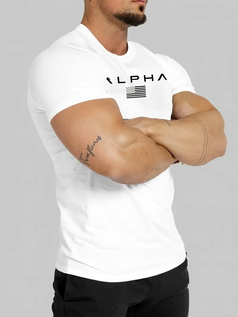 mens athletic crew neck t shirt quick dry polyester knit fabric short sleeve alphabet print skinny fit casual sports top for spring summer polyester 180gsm details 10