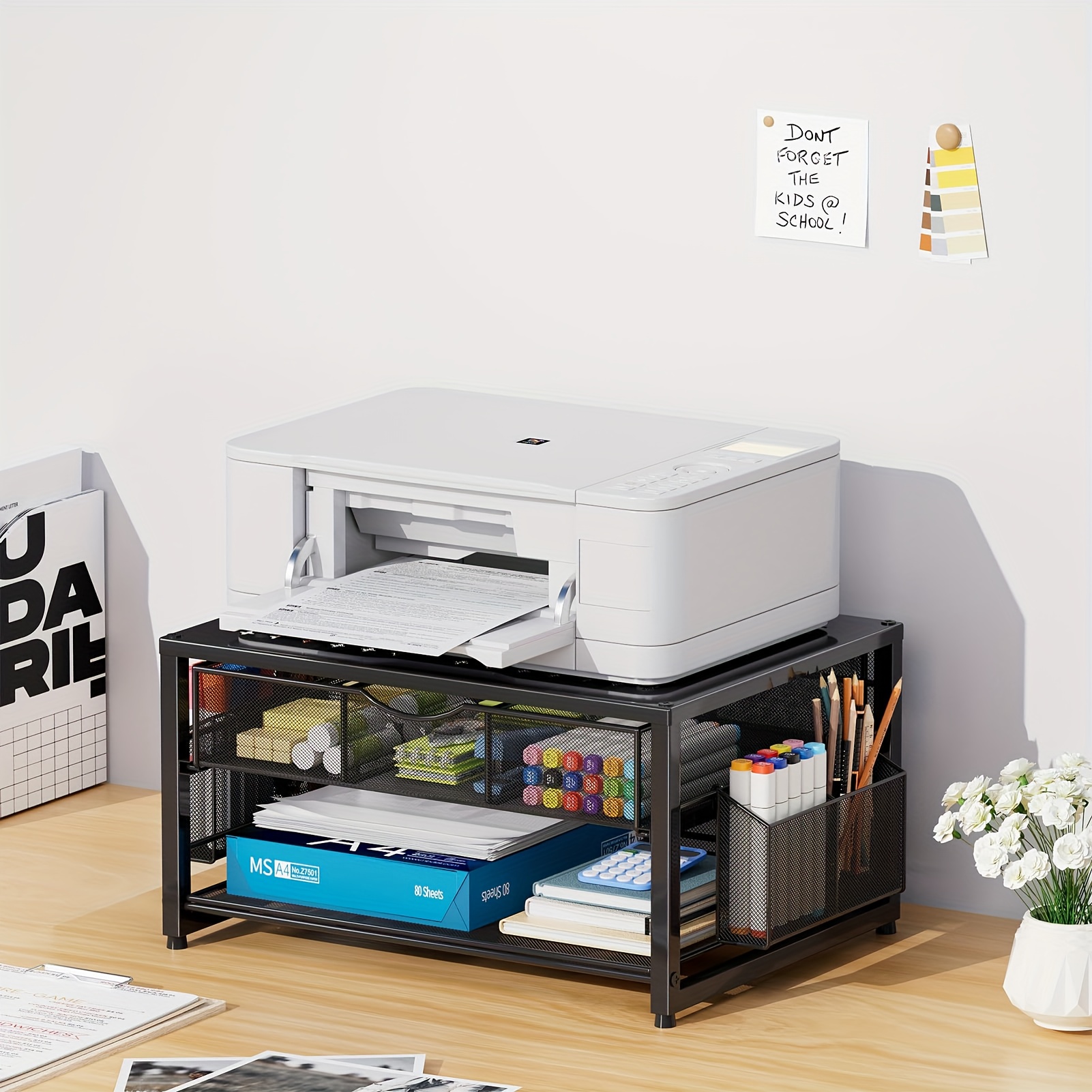 Metal Printer Stand for Desk with Storage Drawer And 2 Pen Holders, 2-Tier Desktop Organizer Printer Table for Home Office, Multi-Purpose Desk Organizer for Fax Machine Scanner Files(Black)