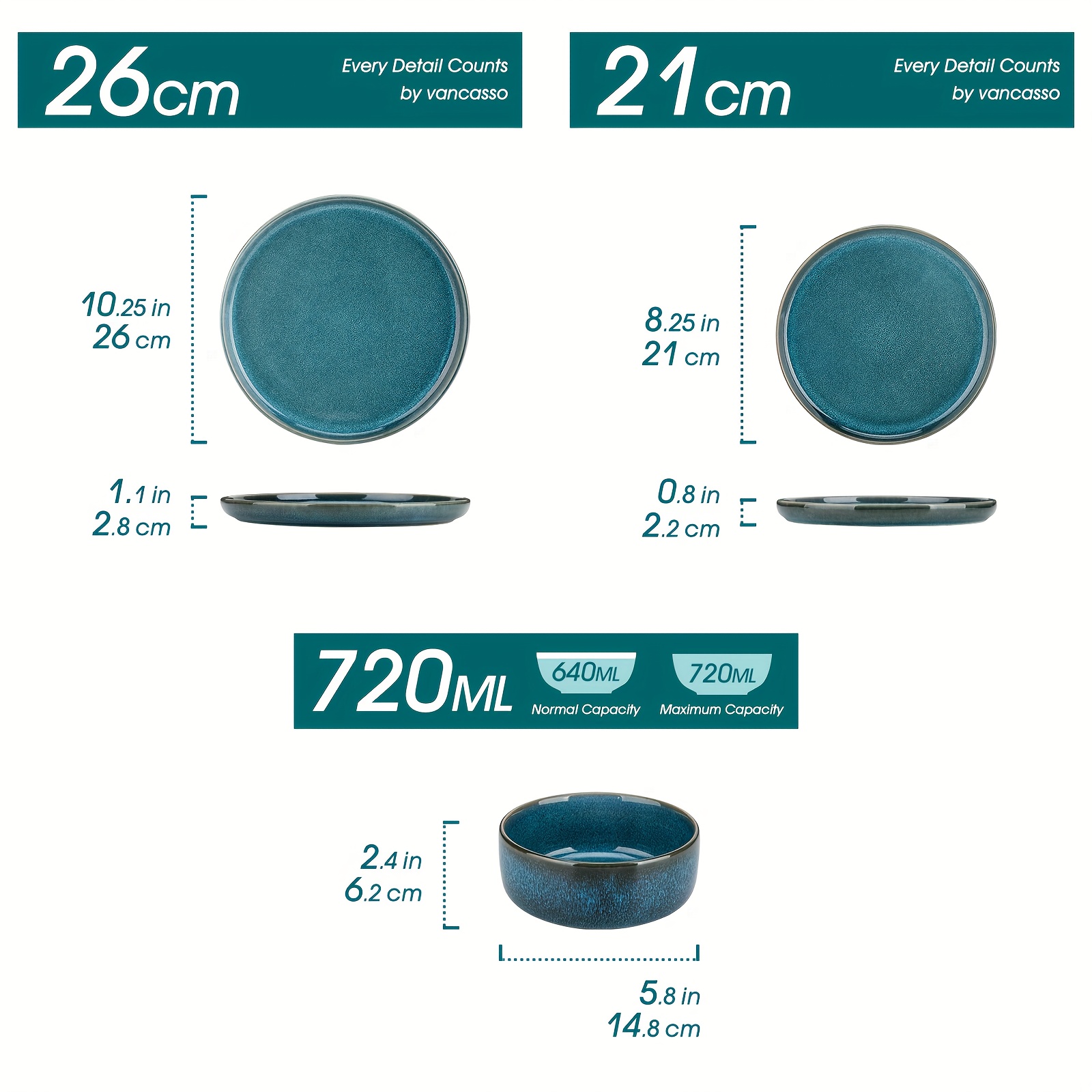 E-shop 18-teiliges blaues Keramik-Geschirrset, reaktive , mediterraner Stil, mit 6 Teller/Dessertteller/Schüssel für 6 Personen