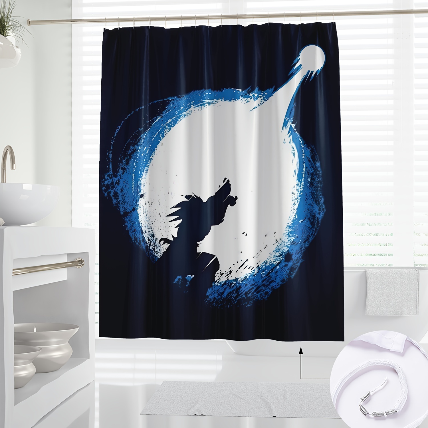 

Anime-inspired Shower Curtain With Hooks, Water-resistant Polyester Fabric, Novelty Artistic Game Character Design, Machine Washable Print Decor For Bathroom, Includes Hook Accessory