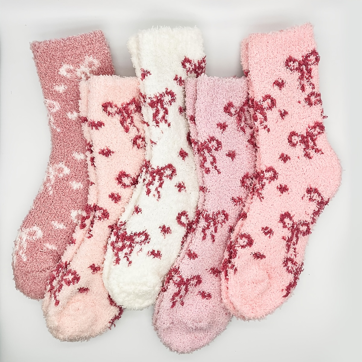 TEMU 5-pair Set Of Bow Coral Fleece Home Socks, Women's Thick Plush Sleep Floor Socks