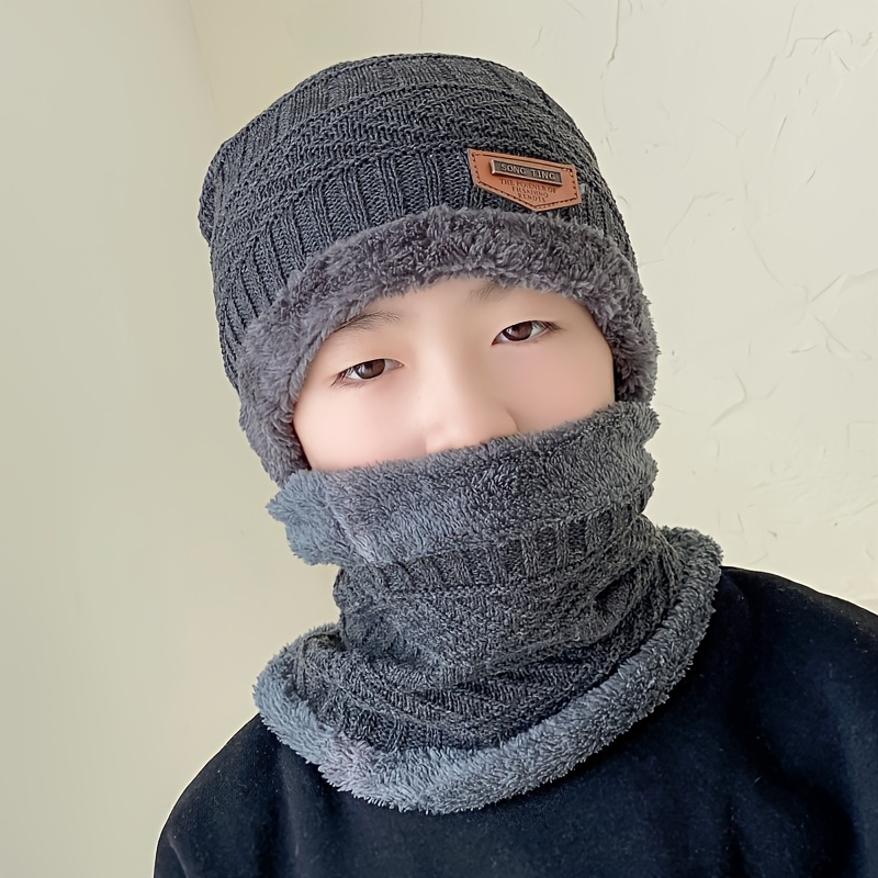 Boys Winter Warm Ear Protection Fleece Knit Hat Thickened Neck Gaiter 2pcs Set