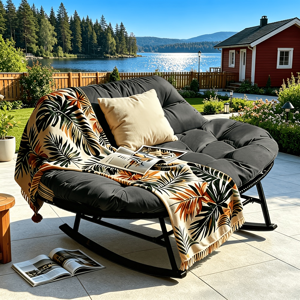 Image of 2-person Papasan Full Pe Rattan Oversized Rocking Chair With Cast Iron Painted Coating Lounge Rocker Chair Frame For Garden Patio Outdoor