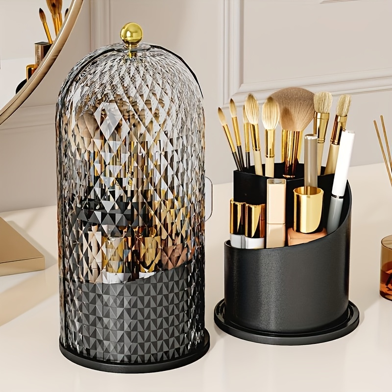 1pc rotating makeup organizer with cover waterproof dustproof plastic cosmetic storage box diamond   ideal for brushes skincare products office supplies   skincare product storage rotating storage dustproof cover makeup organizers storage Product details 0