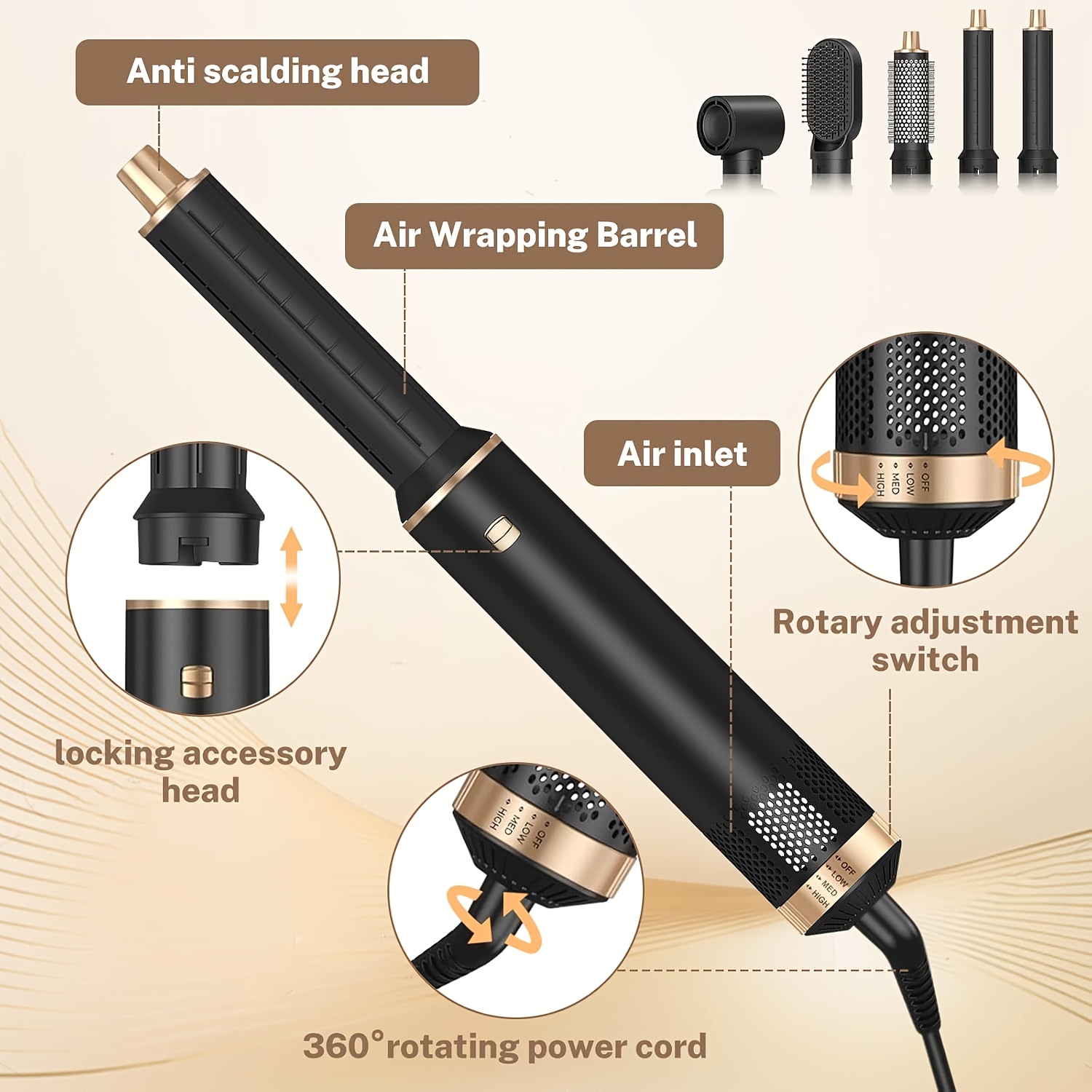 5-in-1 Haarstyler Hete Luchtborstel Afneembare Borrelkruller Air Curling Wrap Stylist Upgrade Heetluchtborssel Krultang Beklede Kwast, Verzorgingsgereedschap voor het krulden en stijlen van haar. Geschikt als haardroger of salon styletool