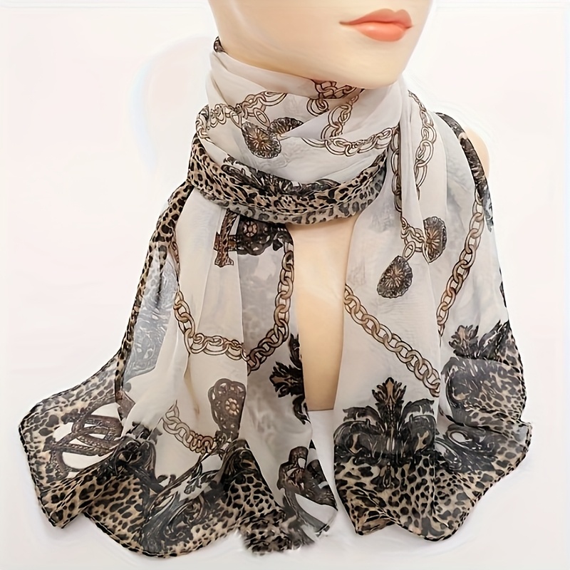 Image of An Elegant Bohemian Floral And Leopard Print Scarf, Designed For Women - A Lightweight And Breathable Shawl Windproof, Making It A Versatile Beach Cover-up For Summer, Suitable For Stylish , Picnics