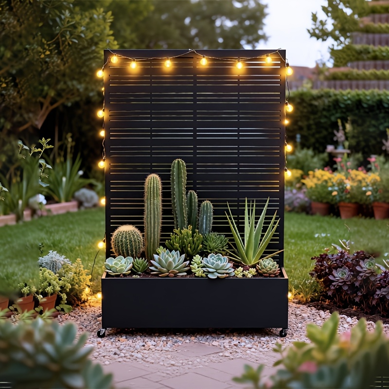 Privacy Fence with Planting Boxes Encrypted Metal Mesh Privacy Screen Black/Wood Grain Weather-Resistant Outdoor Fence Panels Ideal for Backyard Patios, Gardens, And Balconies Safety Barrier Protective Cover Create Outdoor Living Spaces And Decor