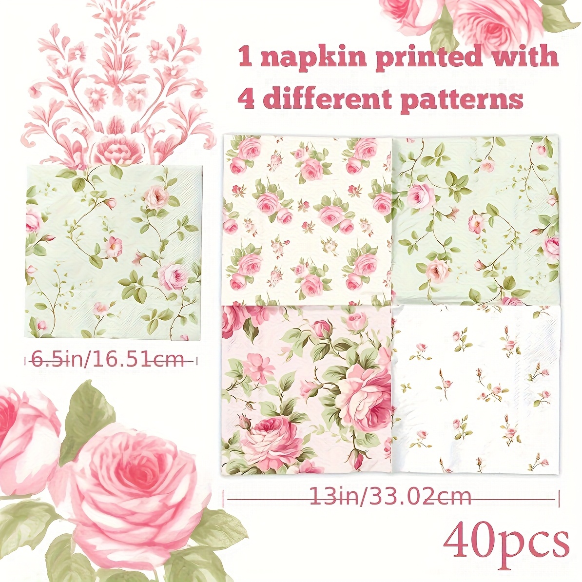 E-shop 20/40/60/100 Stück, Blumen-Partyservietten - Frühlings-Einwegtücher mit Vintage-Rosen-Blumenmuster, für Garten-Frühlings-Tee-Partys