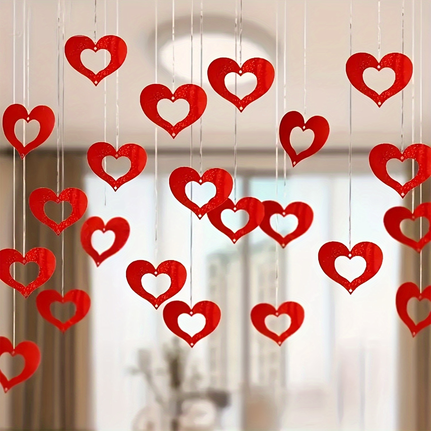 

200pcs Valentine's Day Hanging Heart Decorations - Plastic Red Heart Pendants & Silk Strings - Non-electric, Featherless, Wedding, Birthday, Party Decor & Romantic Room Arrangements