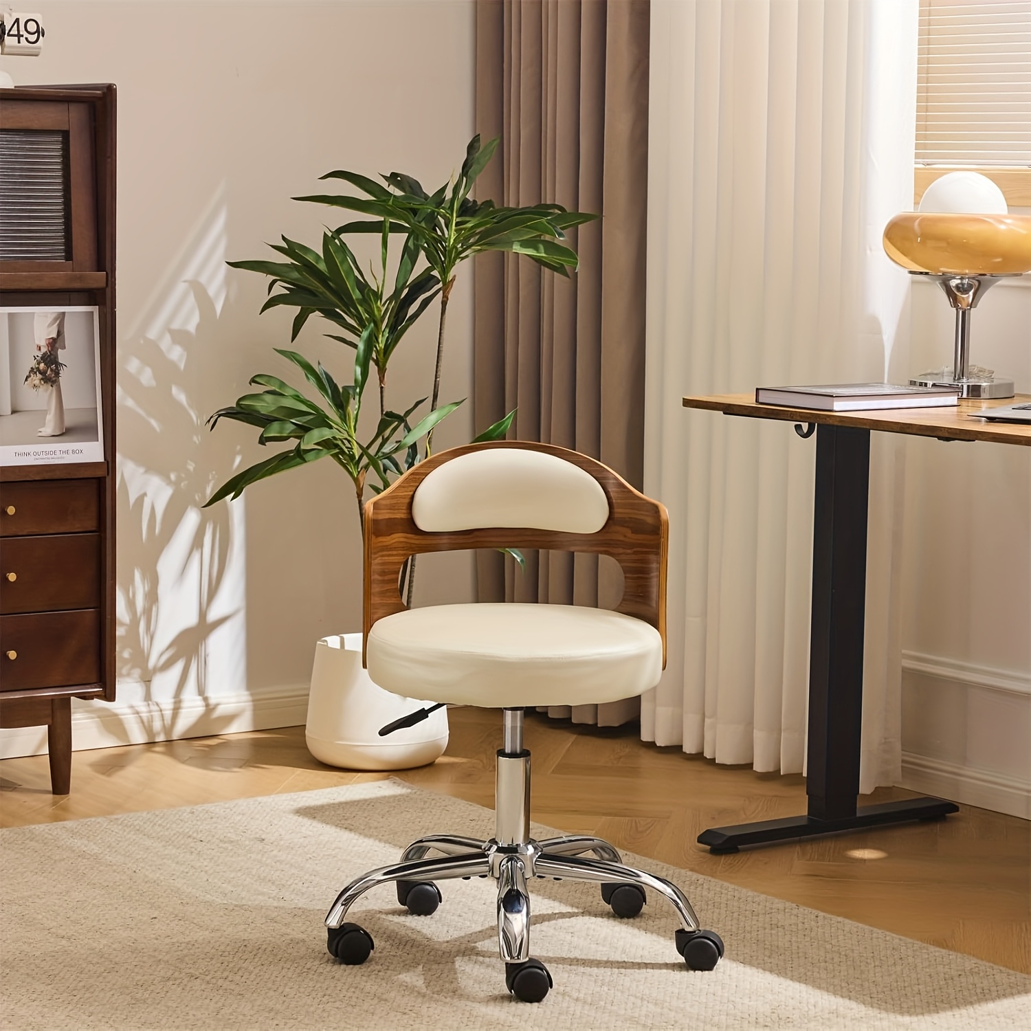 Bonnlo Adjustable Height Home Office Chair - Armless Swivel Desk Chair with Manual Height Adjustment, Curved Walnut-like Backrest, White & 5-Star Base-Like Stability (No Wheels) for Small Spaces, Study, Computer Desk - Space