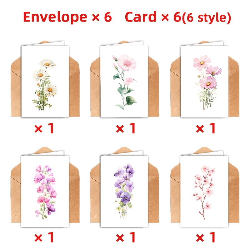 TEMU 12pcs Vibrant Watercolor Elegant Floral Greeting Cards With Envelopes - 6 Unique Styles, Flowers Art Print, For Birthdays, Good Luck Wishes,