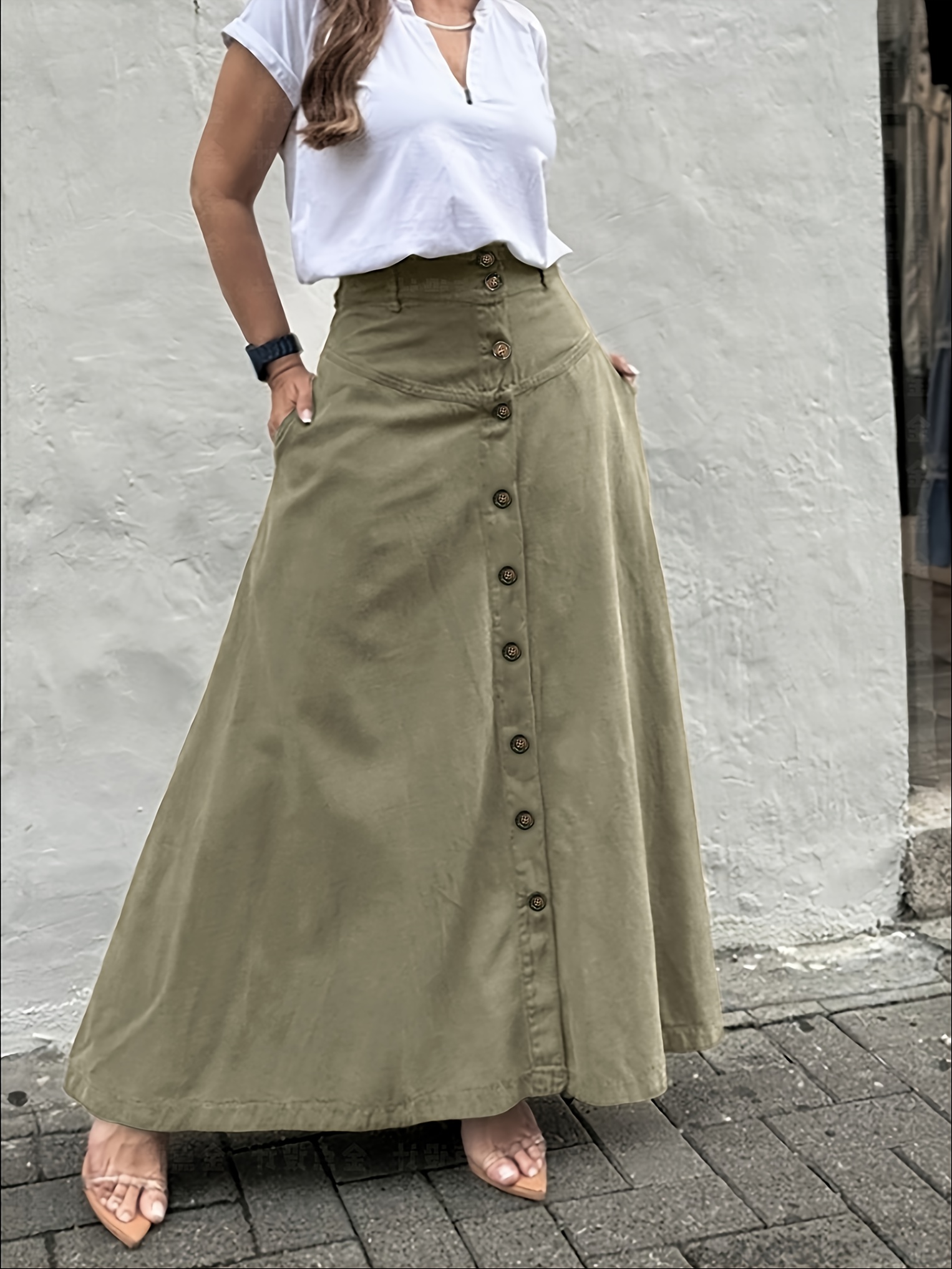 Women's Elegant Solid Color High Waist Mid-Long Skirt, Fashionable and Practical with Pockets and Button Front Slit A-line Skirt, Can be Worn in Spring, Summer, Autumn and Winter