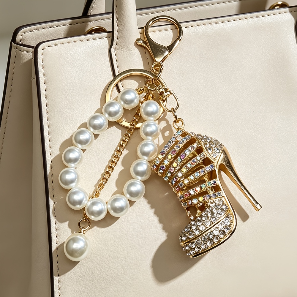 TEMU 1pc Fashion Women Bag Accessories Metal Rhinestone High Heels Keychain Handmade Beaded Pendant Car Key Pendant Holiday Gift