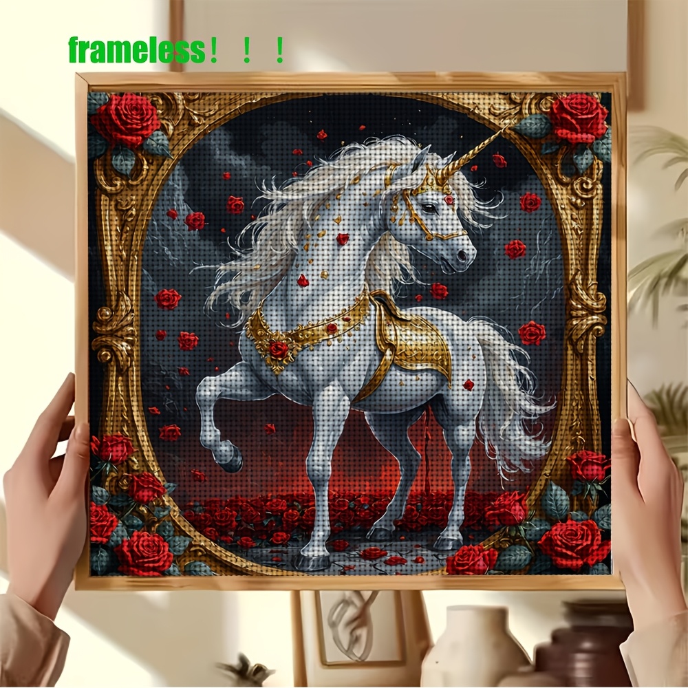 Cross Stitch Printed Kit, Frameless, "Golden Frame Unicorn Rose" Pattern