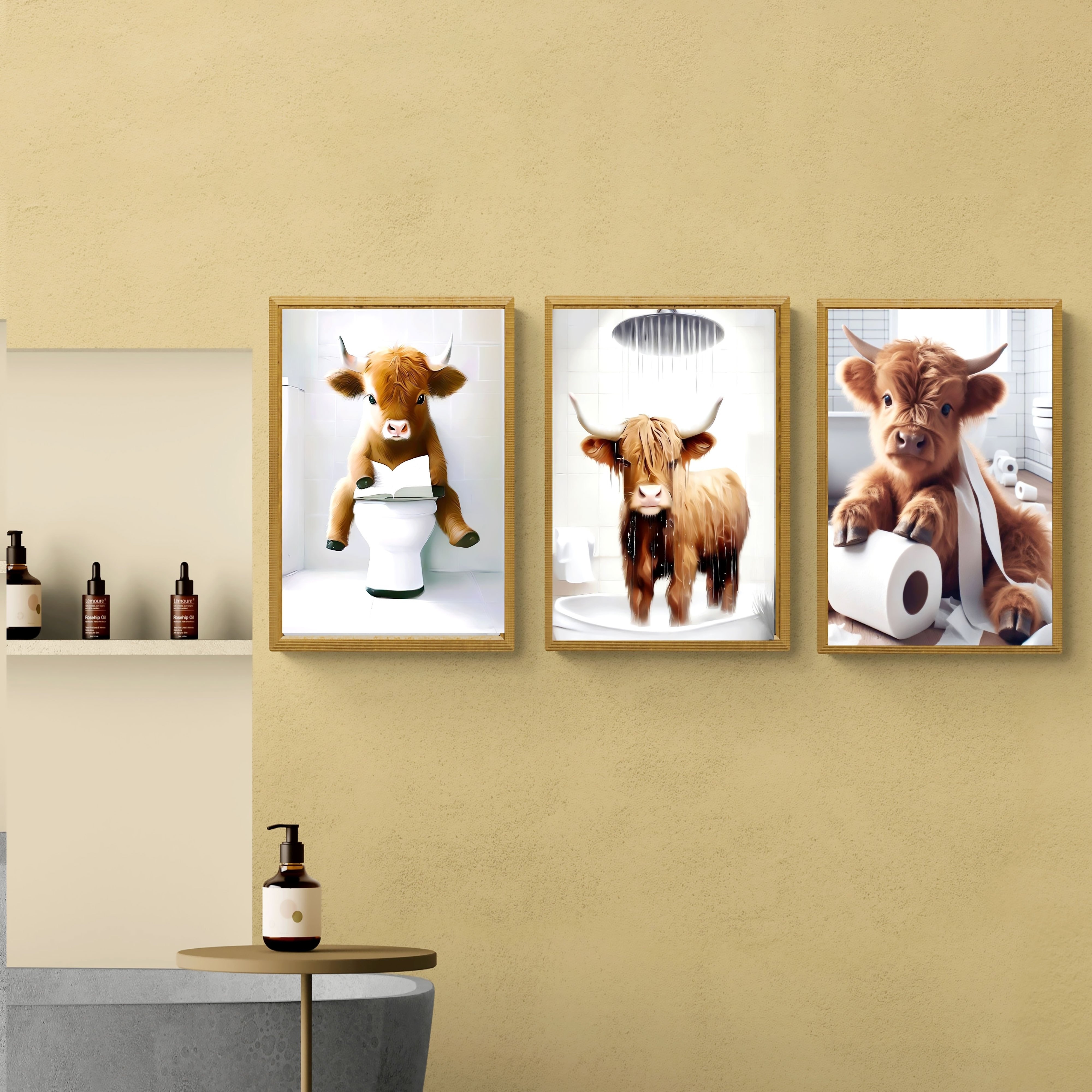 

3-piece Scottish Highland Cow Canvas Art Prints - Humorous Farmhouse Bathroom Decor, Modern Home Wall Art, Cute Ratting Cow Design, Unframed