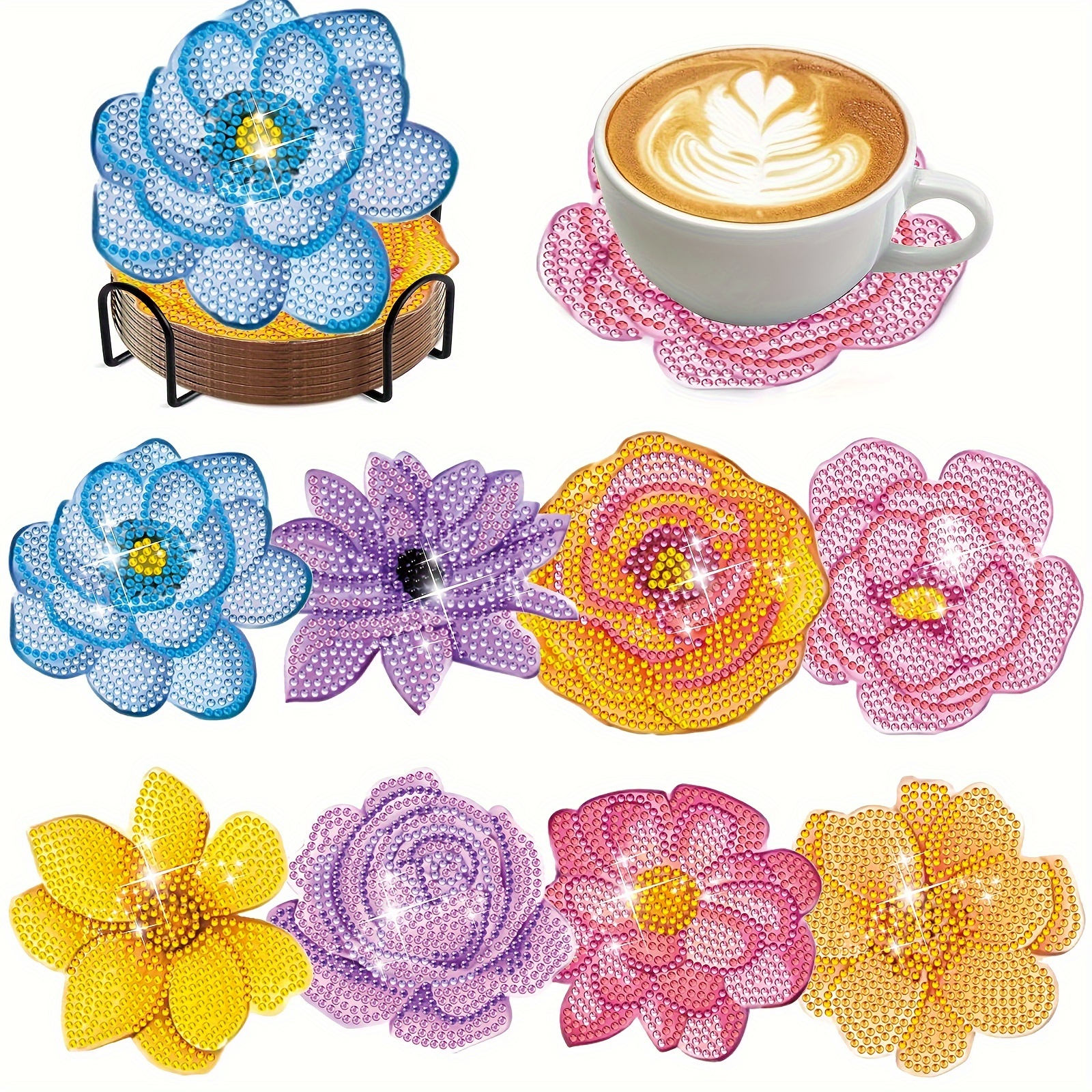 

8 Flower Style Coasters With Brackets, Diy Diamond Art Coaster Set, Suitable For Beginner Art And Craft Supplies