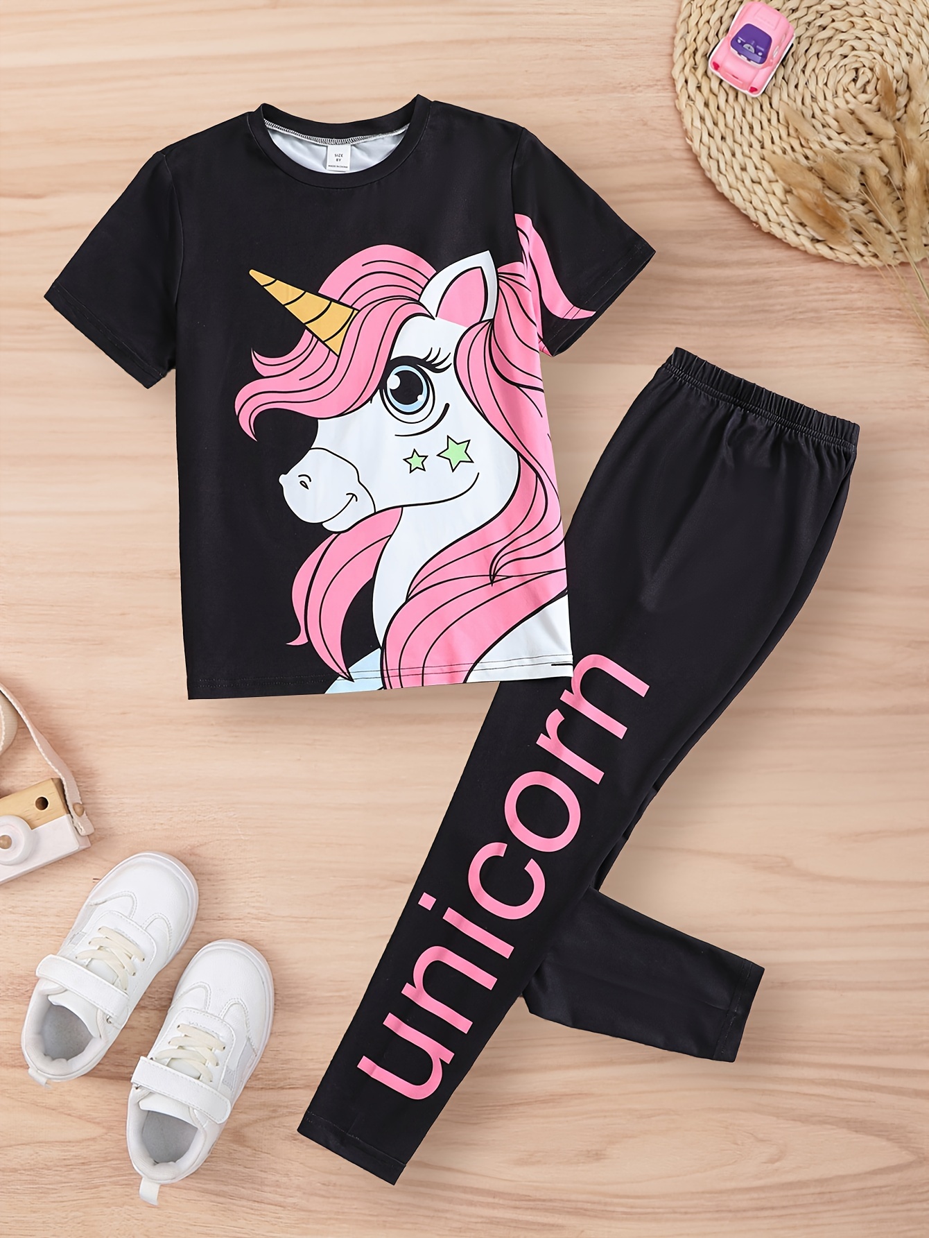 Girl's T shirt Elastic Waist Pants Set Unicorn Print Short - Temu