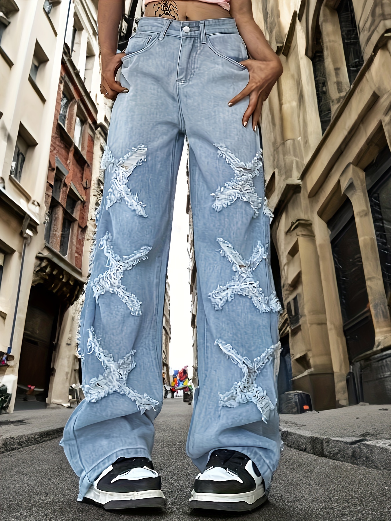 Blue Extra Long Denim Jeans, Ripped Holes Distressed Slash Pockets  High-Stretch Denim Pants, Women's Denim Jeans & Clothing