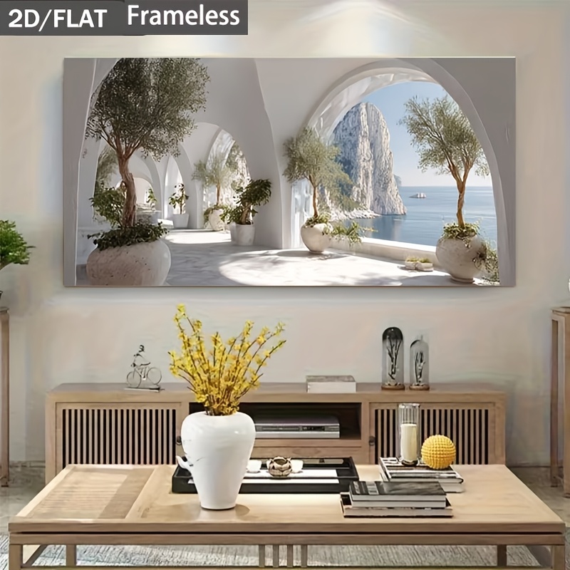 TEMU 2d Flat, 2d Flat, [2d Flat] 1pc Frameless Canvas Poster Printing, Home Decor Wall Art, Mediterranean White Arches With And , Suitable As A Home