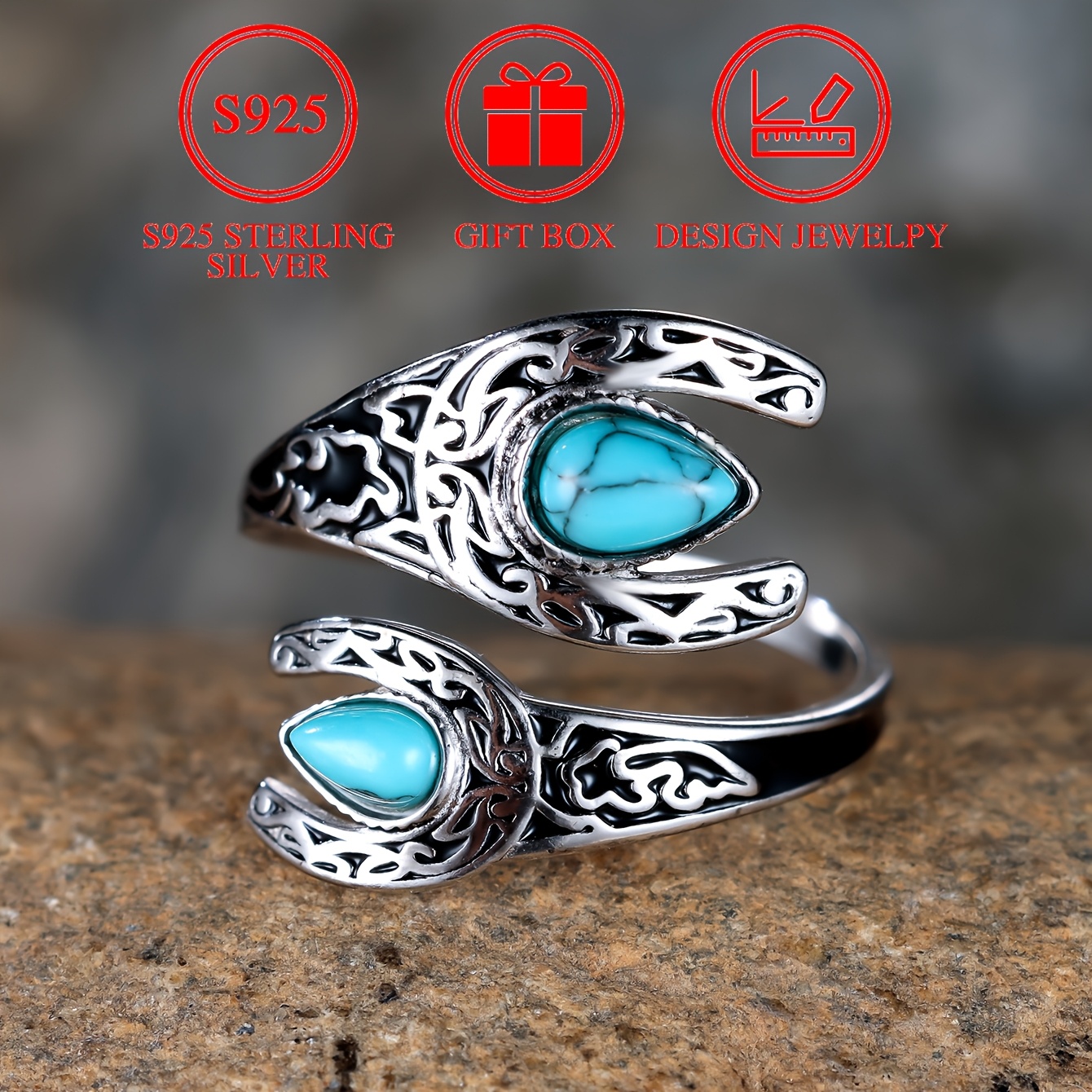 

925 Sterling Silver Retro Moon & Inlaid Turquoise In Shape High Quality Adjustable Ring With Gift Box